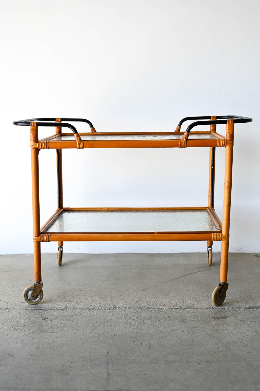 French Adrian Audoux and Frida Minet Bamboo Iron and Glass Bar Trolley, ca. 1950 For Sale