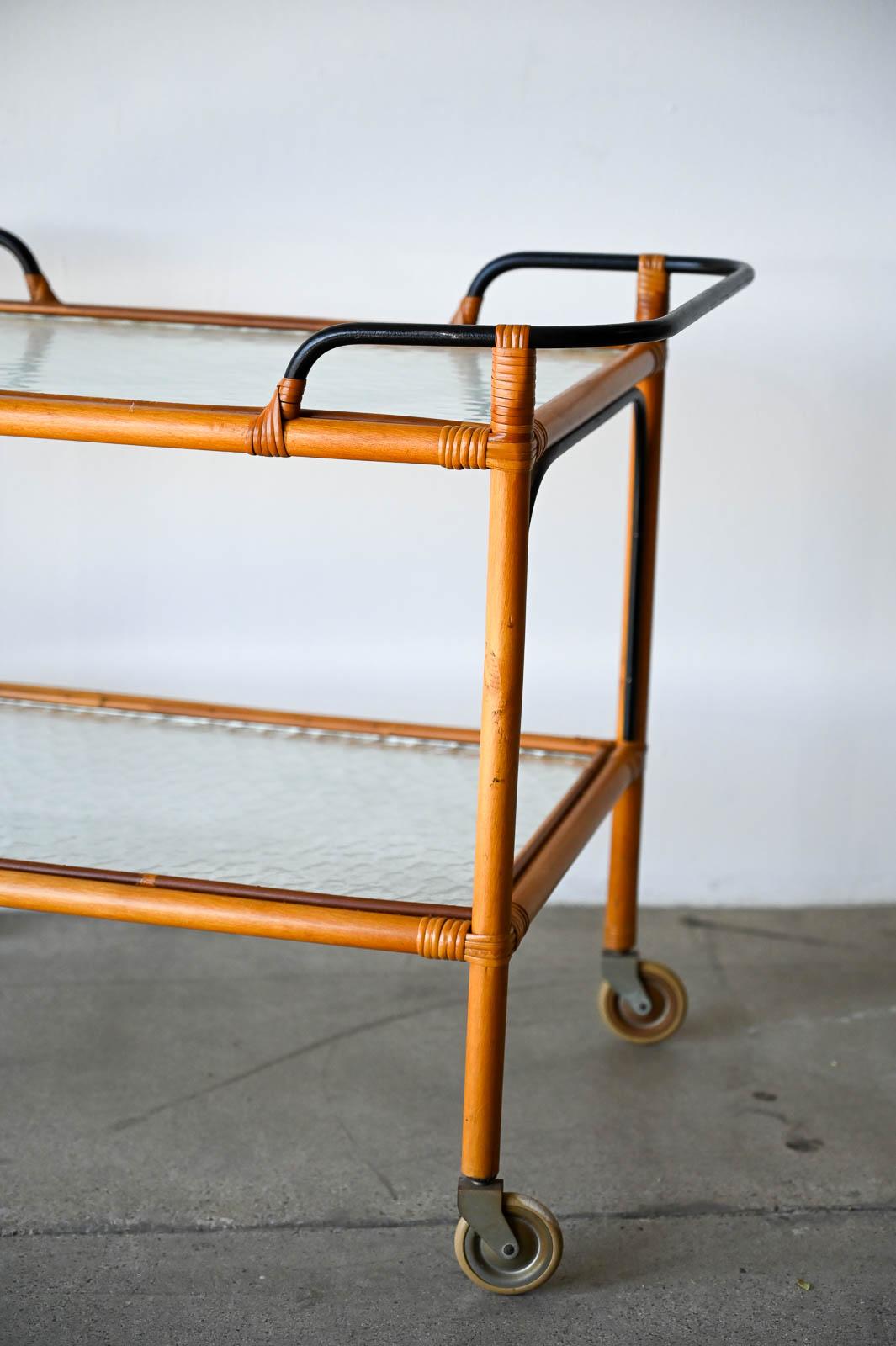 Adrian Audoux and Frida Minet Bamboo Iron and Glass Bar Trolley, ca. 1950 In Good Condition For Sale In Costa Mesa, CA