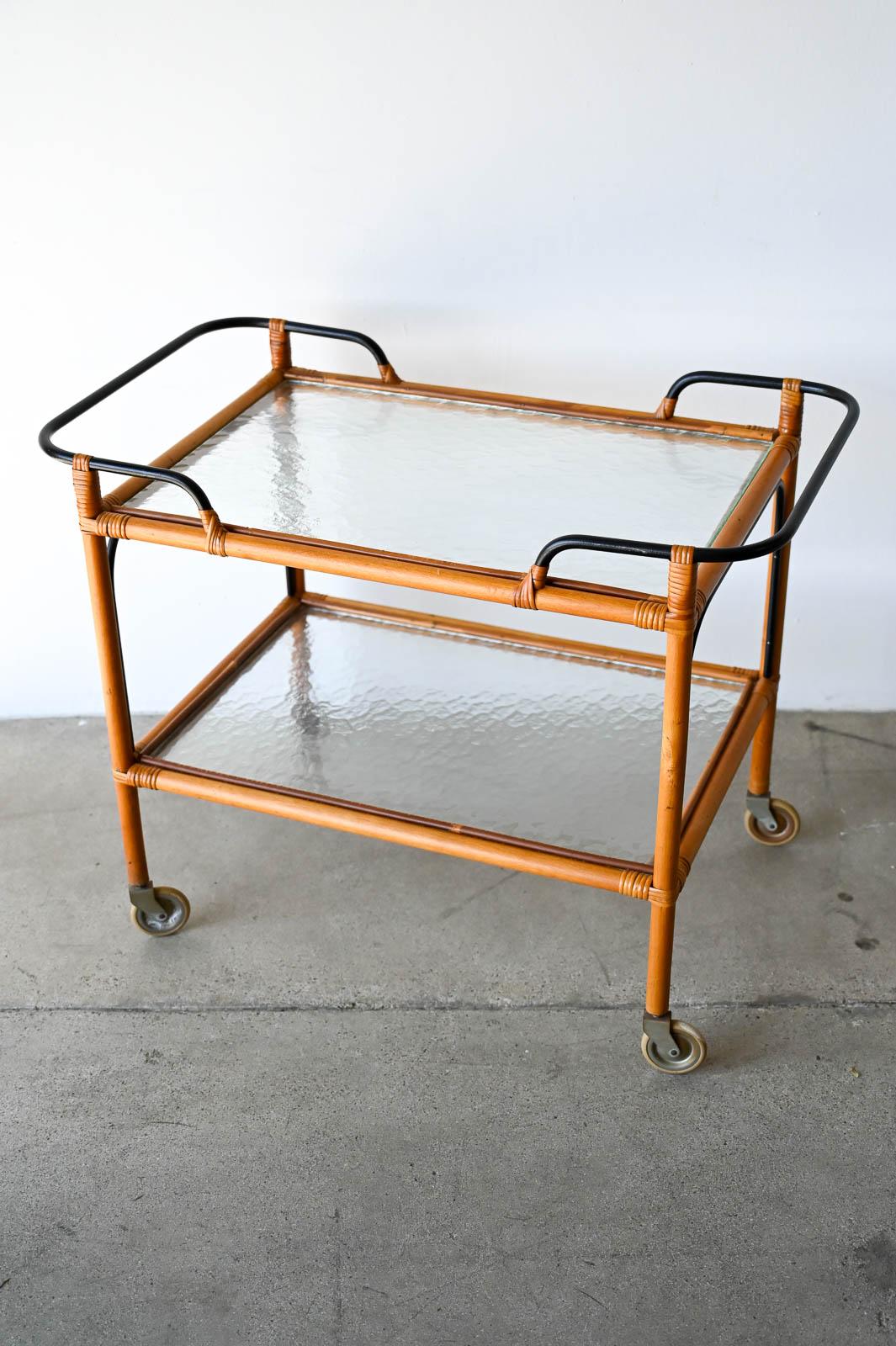 Mid-20th Century Adrian Audoux and Frida Minet Bamboo Iron and Glass Bar Trolley, ca. 1950 For Sale