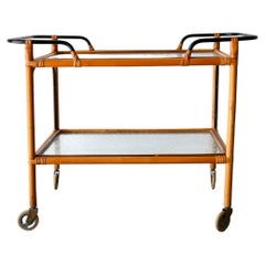 Vintage Adrian Audoux and Frida Minet Bamboo Iron and Glass Bar Trolley, ca. 1950