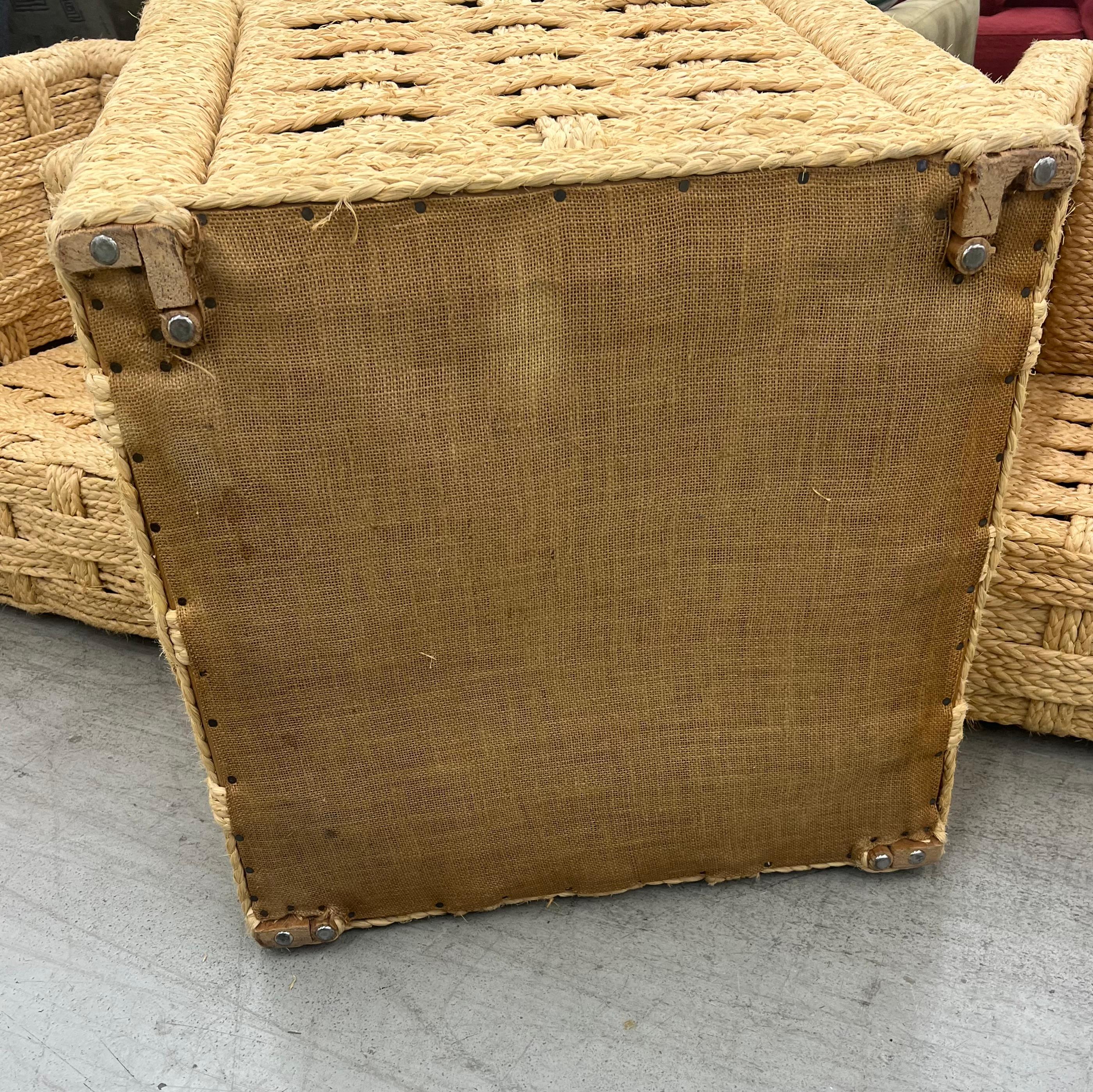 European Adrian Audoux and Frida Minnet rare vintage  handwoven raffia cube chair For Sale