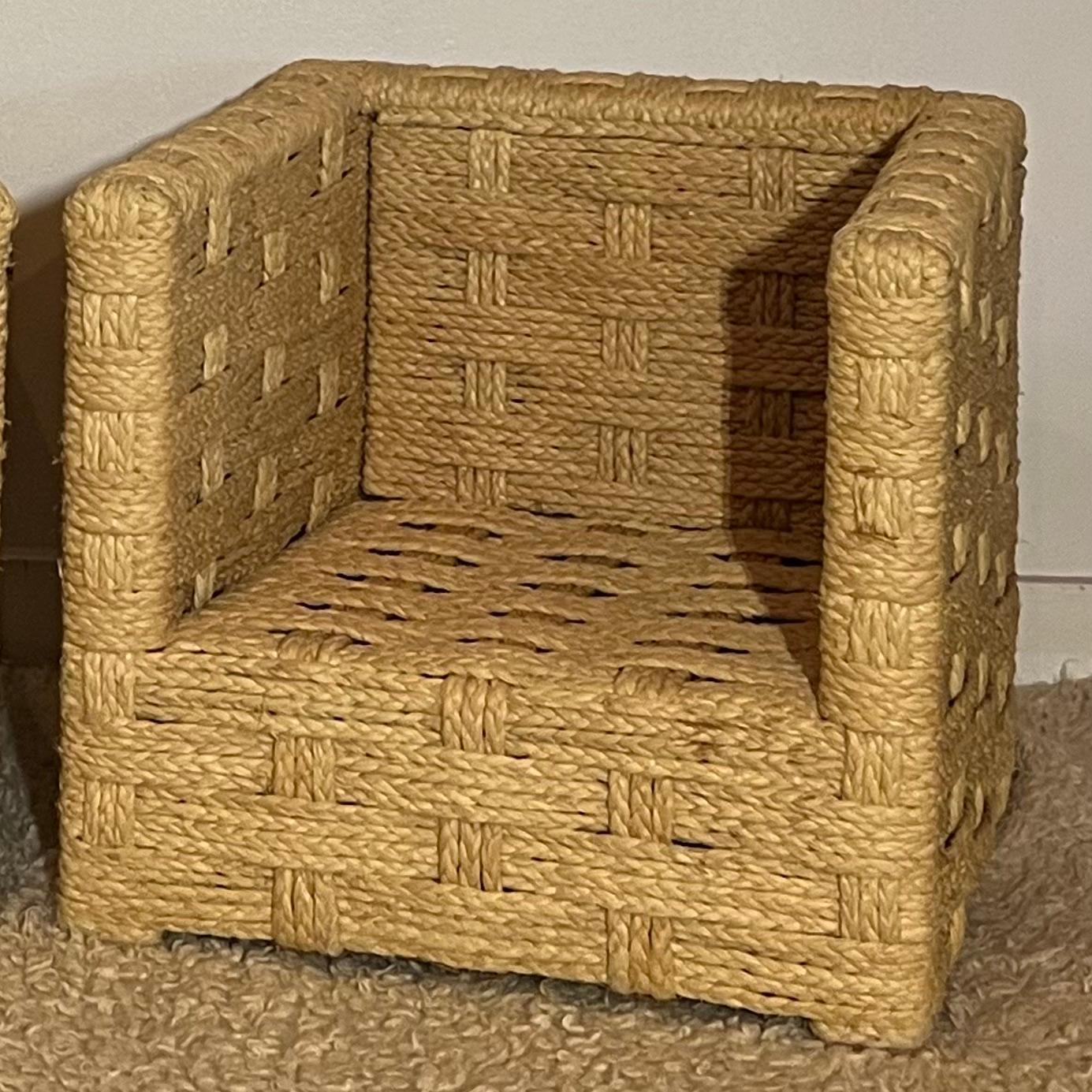 Adrian Audoux and Frida Minnet rare vintage  handwoven raffia cube chair In Good Condition For Sale In Pineville, NC
