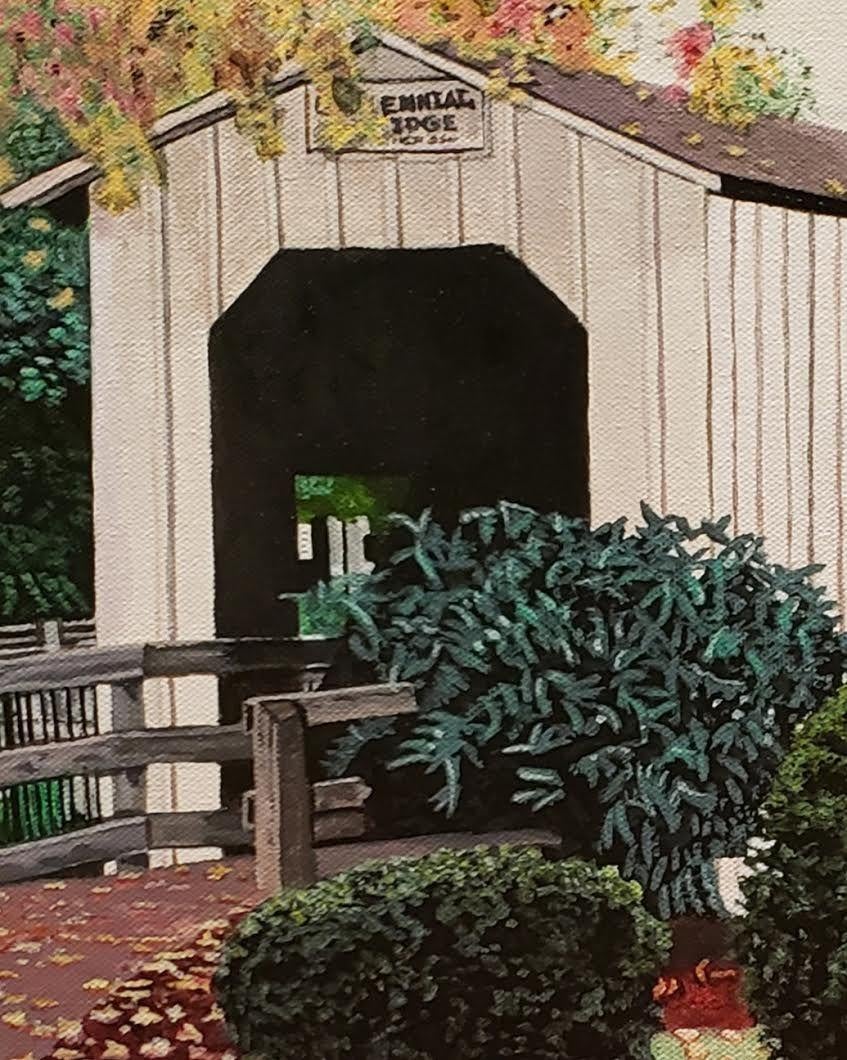 While visiting Oregon I stopped at this picturesque covered bridge in Cottage Grove. The setting was perfect for a photo shoot.  :: Painting :: Realism :: This piece comes with an official certificate of authenticity signed by the artist :: Ready to