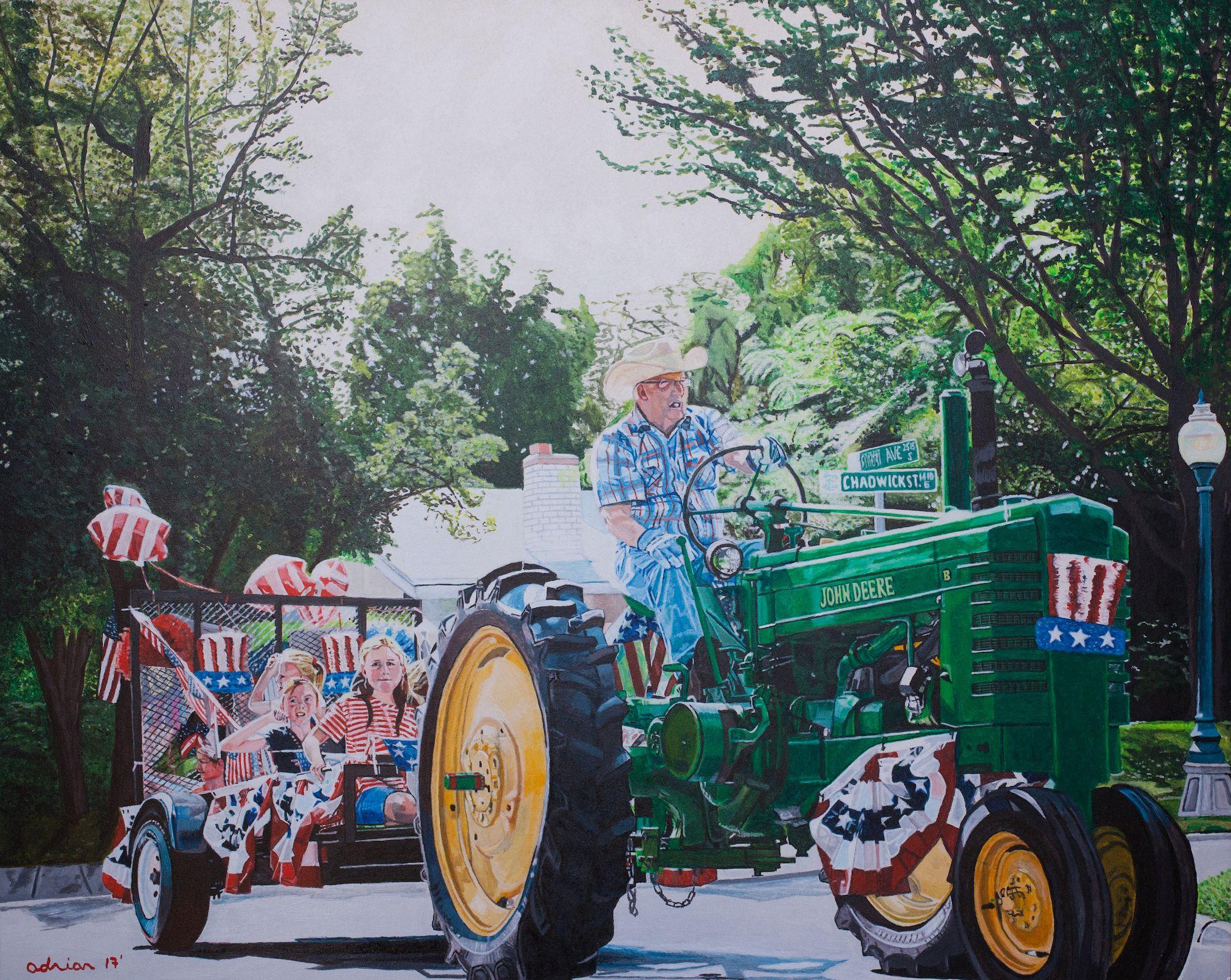 On the street that we live on there is a small 4th of July parade that takes place each year. This tractor is a part of it. I painted this from a photo that my niece took from my front yard. It harkens back to the small town parades that occur each