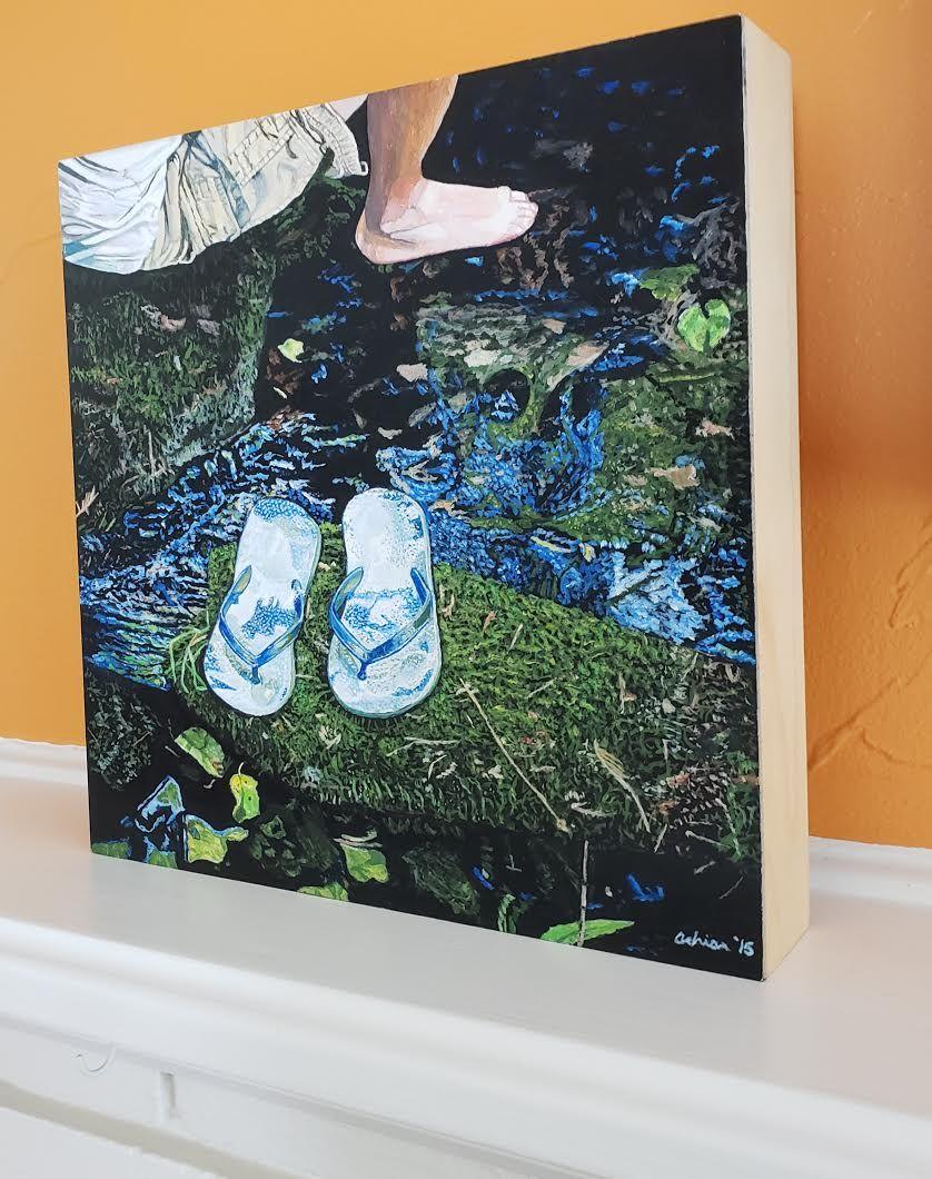 What better way to cool off than to soak your feet in an ice cold stream. The inspiration for this painting was taken from a photo of my nephew sitting on a rock in a stream in Oregon. :: Painting :: Realism :: This piece comes with an official