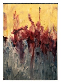 Death Of The Beast - Gestural Abstract Painting with Yellow, Red, and Blue Gray