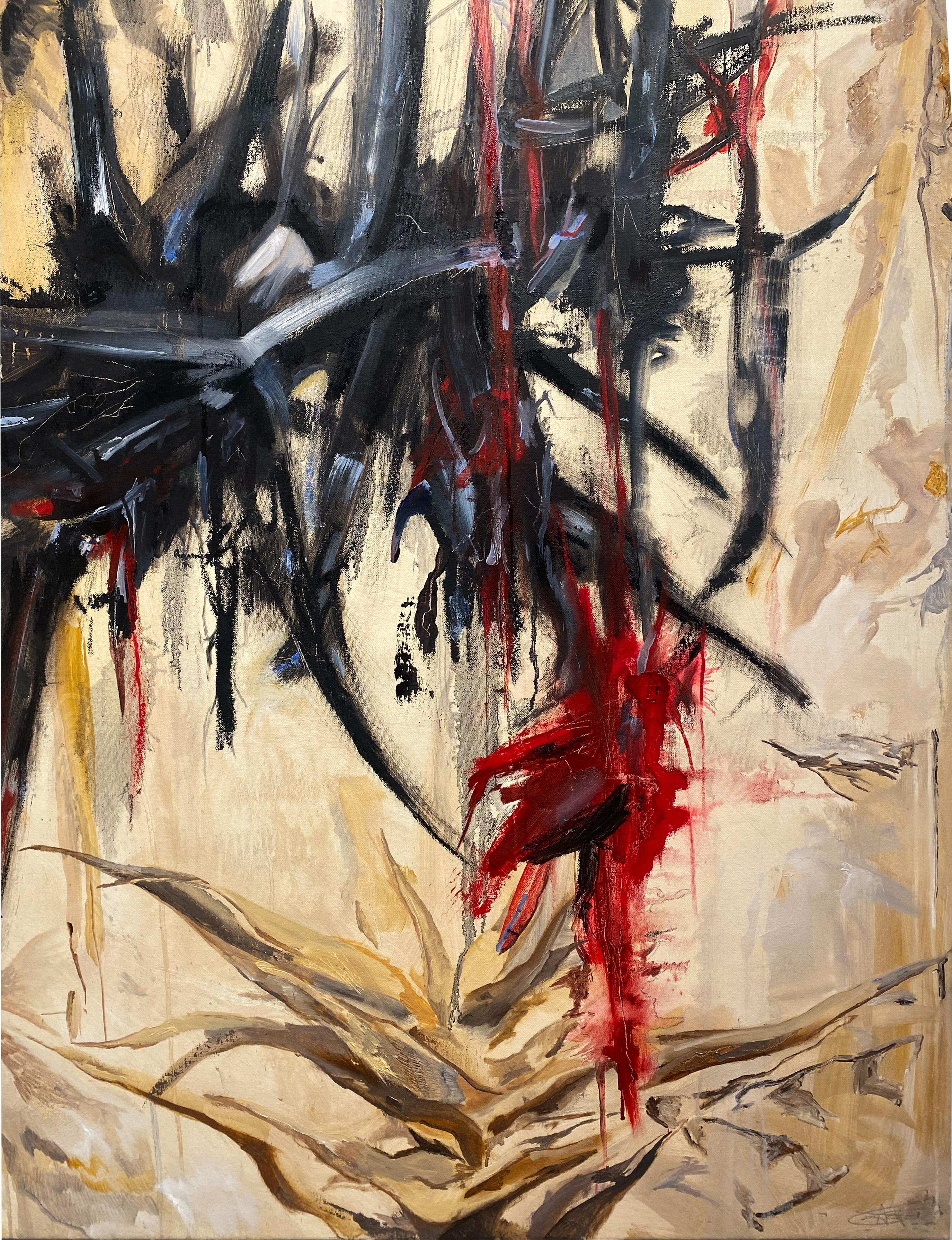 Ruins of the Barren - Gestische abstrakte Malerei mit Erdtönen und Vivid Red – Painting von Adrian Barquero