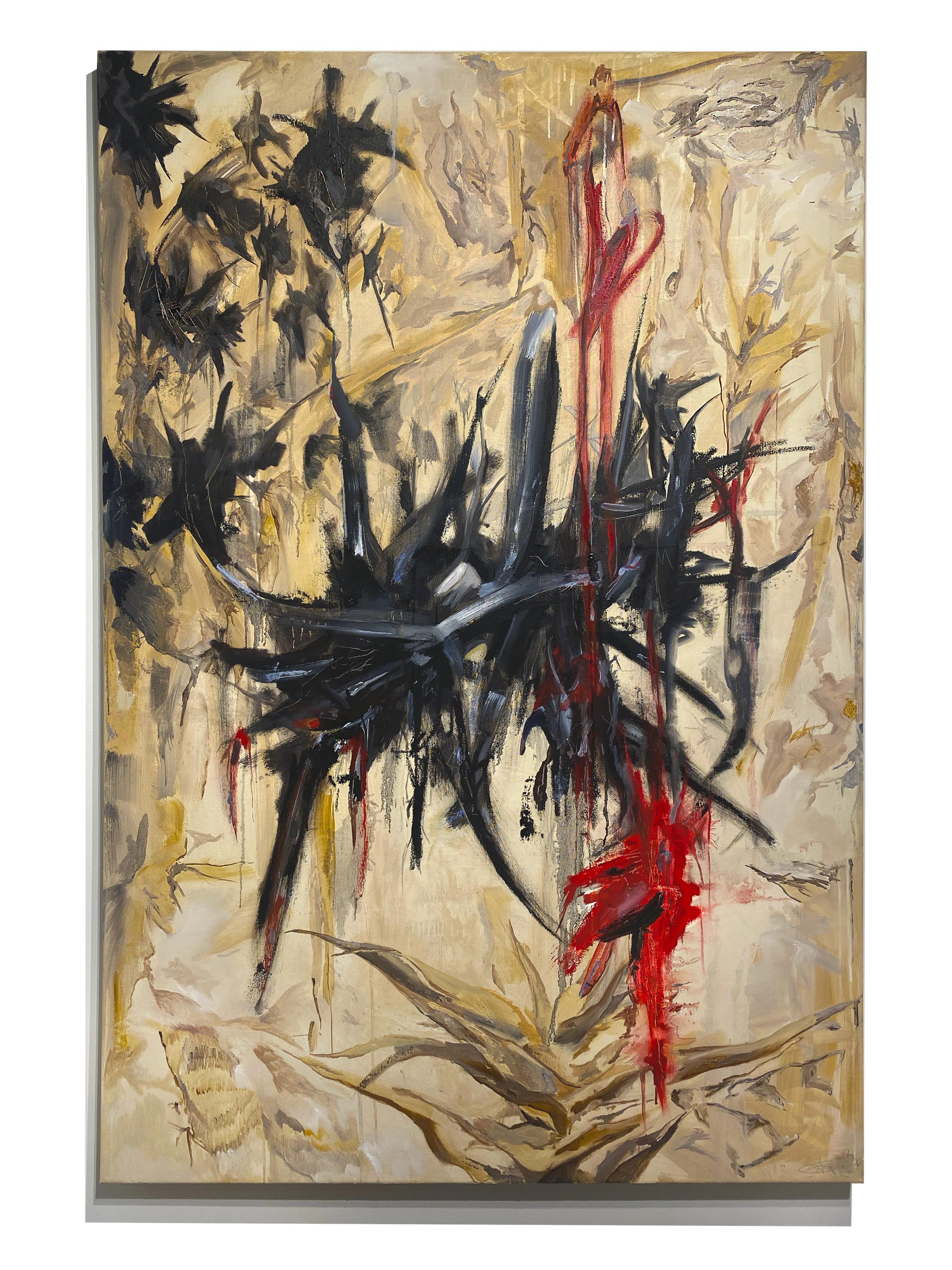 Adrian Barquero Abstract Painting – Ruins of the Barren - Gestische abstrakte Malerei mit Erdtönen und Vivid Red