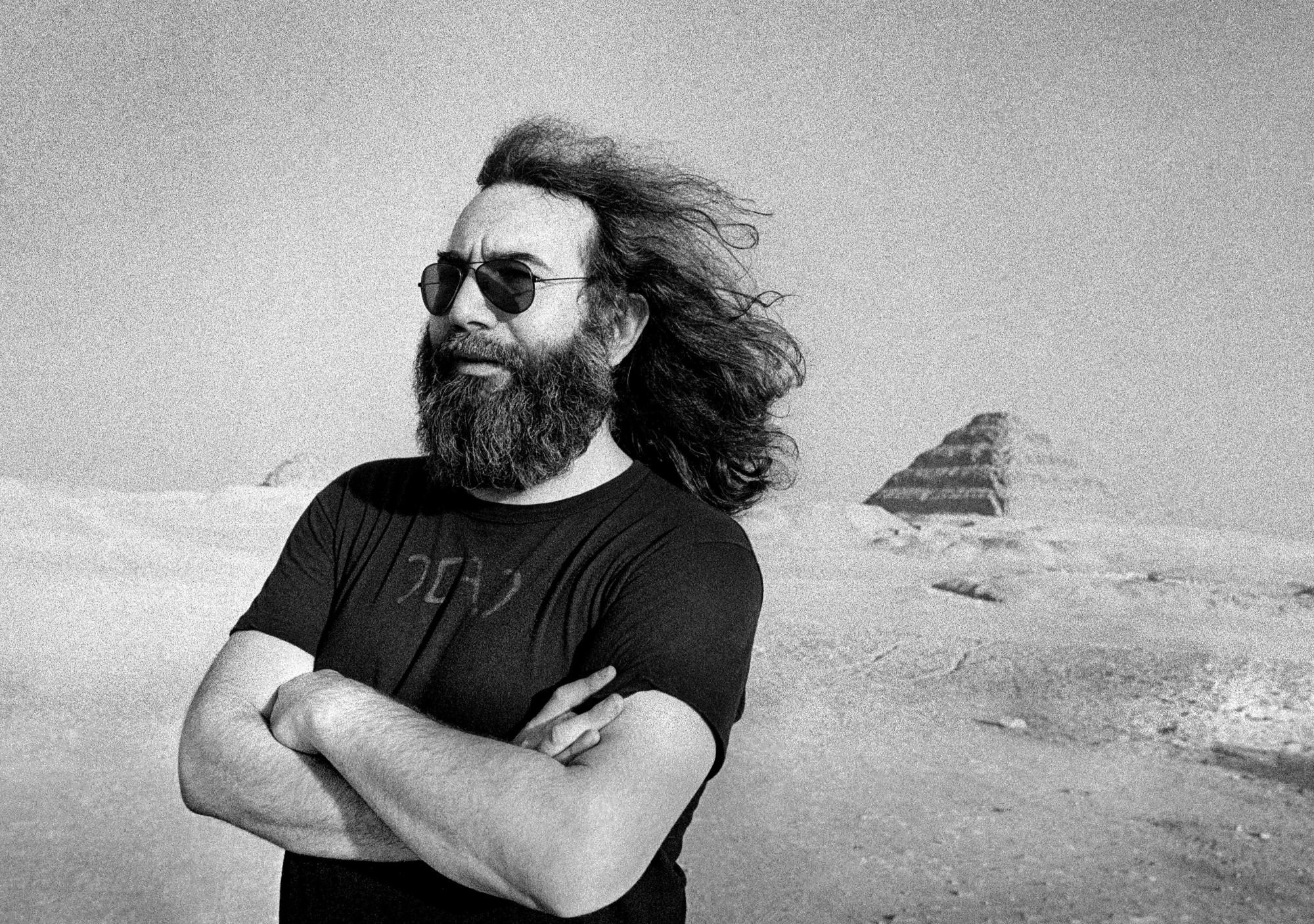 Adrian Boot Black and White Photograph - Jerry Garcia at the Pyramids