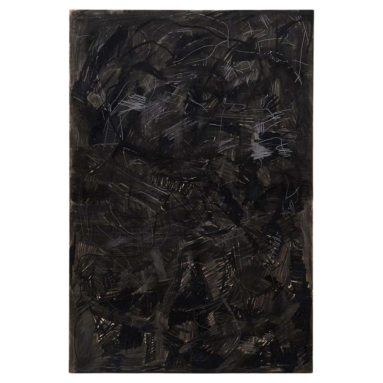 Adrian - Grande peinture abstraite en technique mixte noire, contemporaine