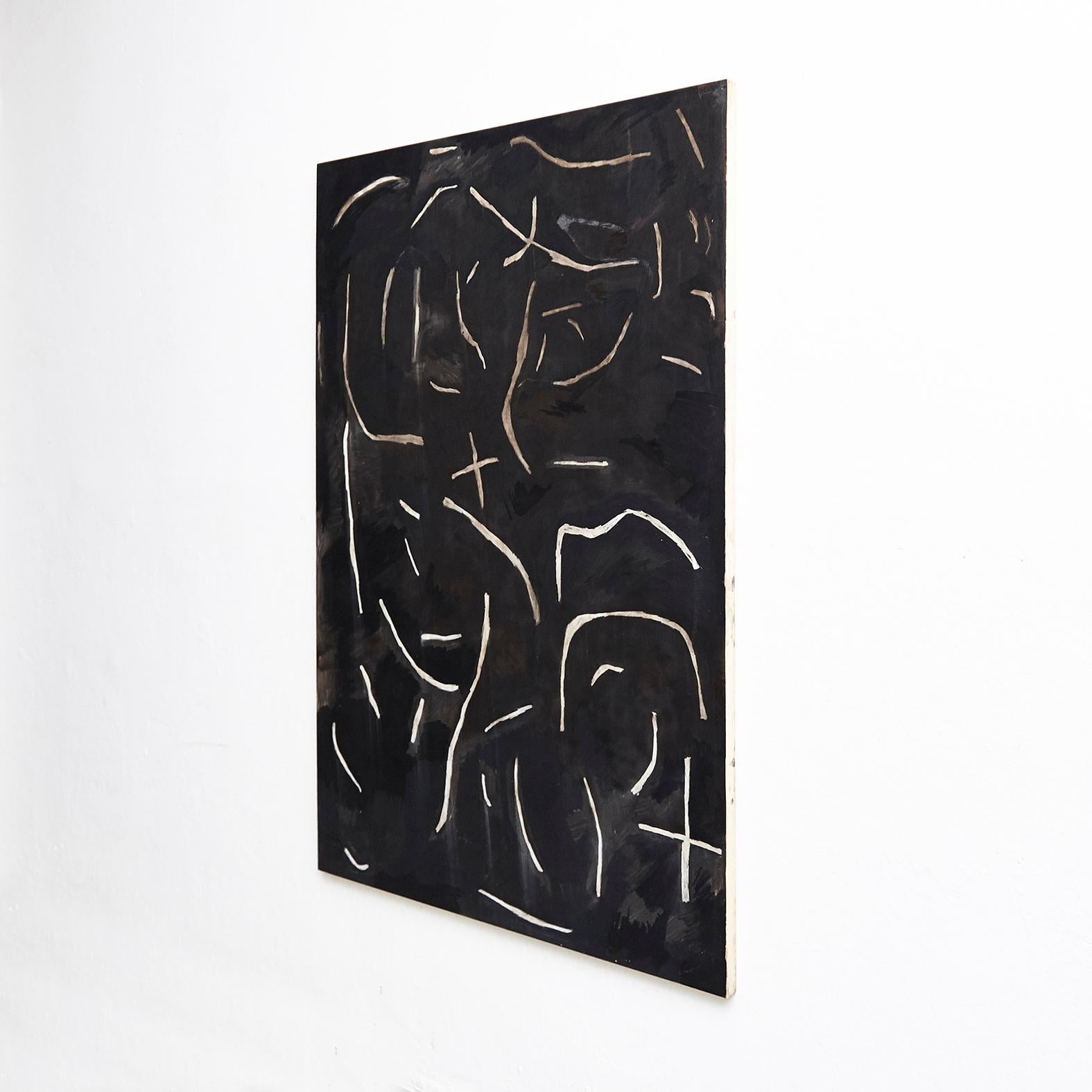 Mid-Century Modern Adrian Contemporary Art Abstract Black Painting on Wood For Sale