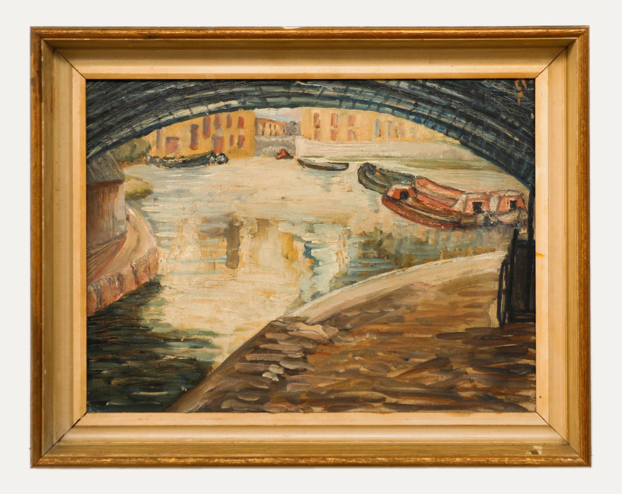 Attribut. Adrian Daintry RWA (1902-1988) – Ölgemälde, Unter der Brücke, Mitte des 20. Jahrhunderts