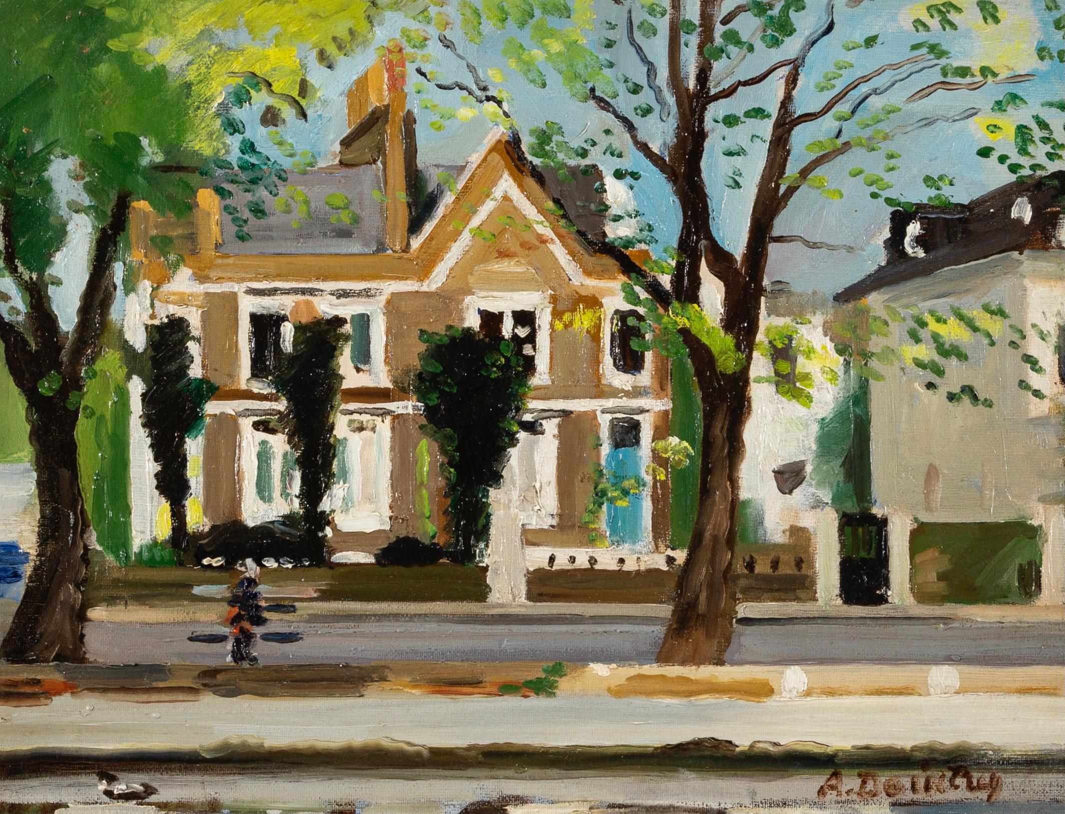 Landscape Painting di Adrian Daintrey - Bloomfield Road (No.17, London W9 - Pittura ad olio del XX secolo con casa e alberi