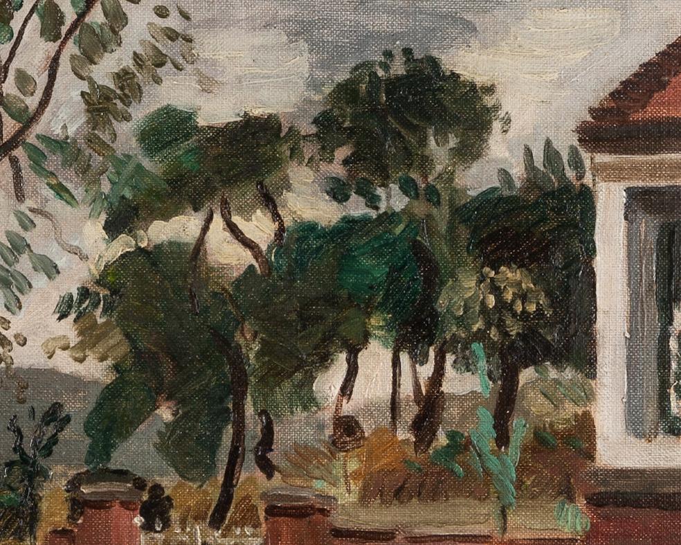 La casa de campo, 1926 circa - Pintura al óleo de paisaje del siglo XX con árboles - Figurative Painting Negro de Adrian Daintrey