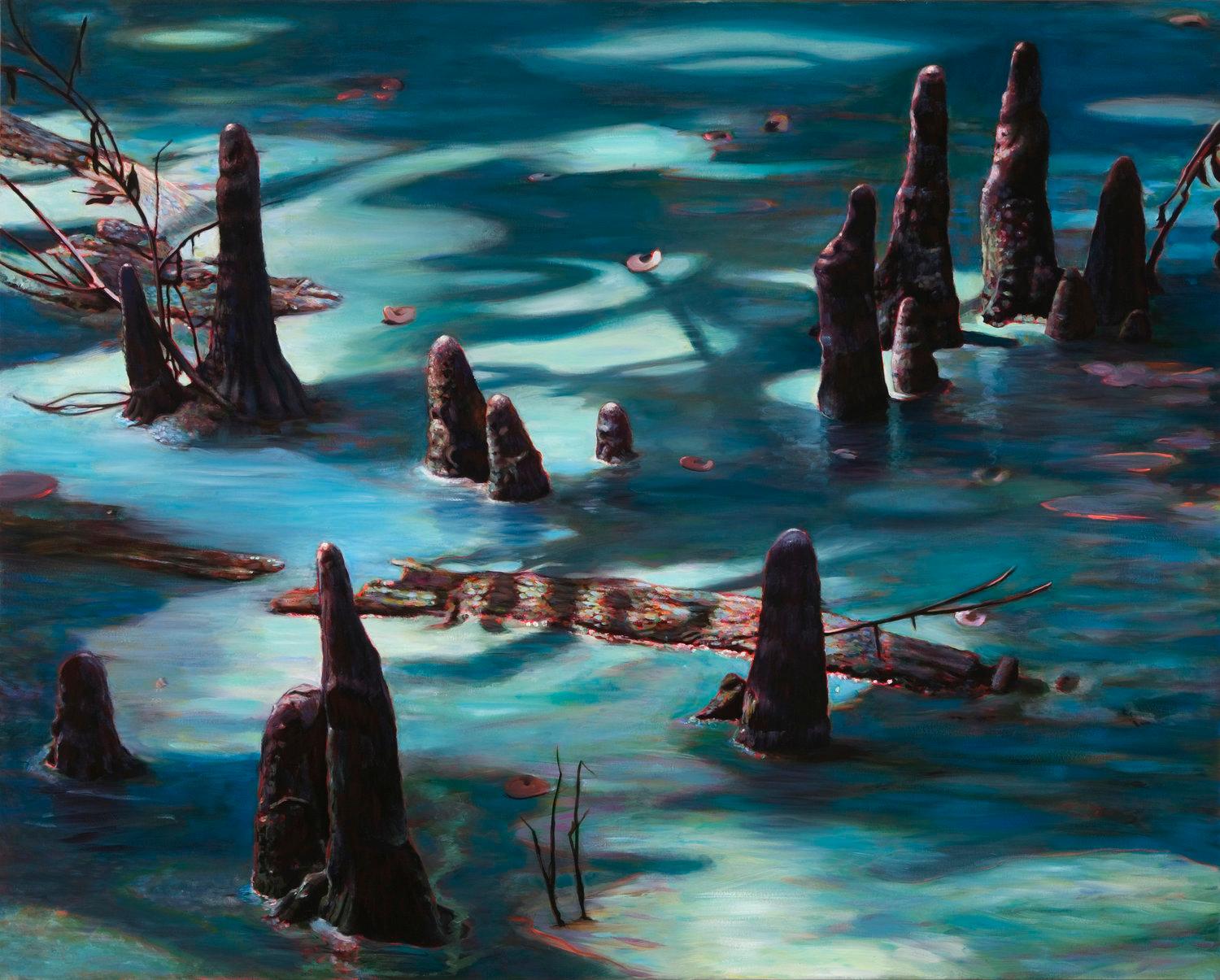 Adrian Deckbar Landscape Painting - Cypress Knees in Moonlight