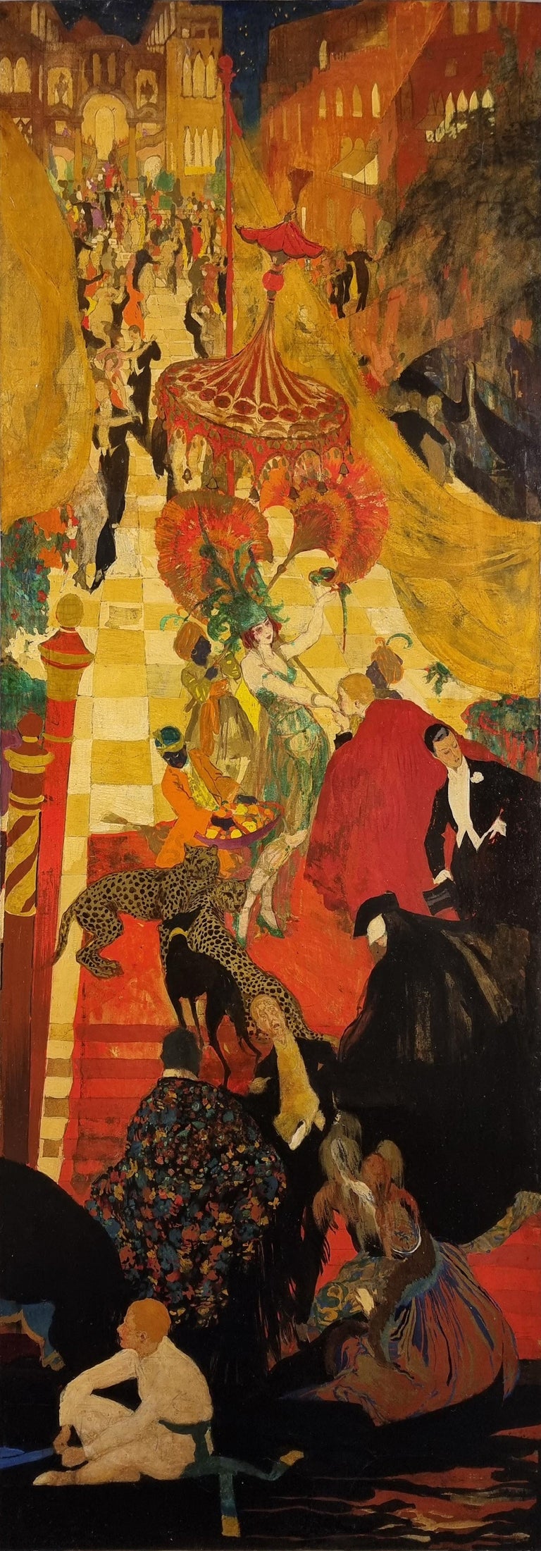 Déco venetian carnival party hosted by Luisa Casati triptych, Etienne Drian - Art Deco Painting by Adrian Etienne Drian