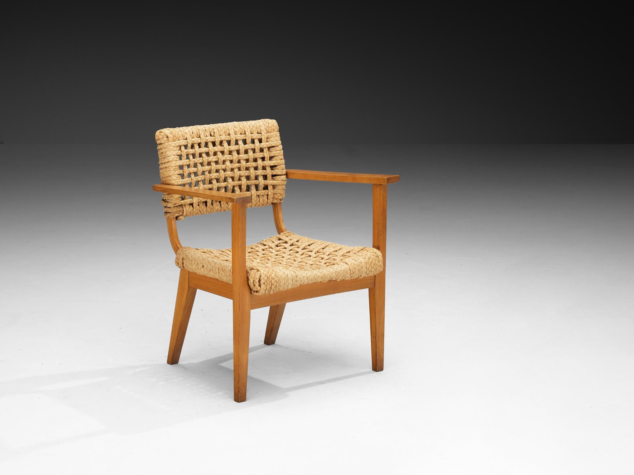Adrien Audoux und Frida Minet für Vibo, Sessel, Buche, Seilhanf, Frankreich, Ende 1940er Jahre 

Ein naturalistischer Esszimmerstuhl, entworfen von Adrien Audoux und Frida Minet. Sitz und Rückenlehne sind aus gewebtem Hanf der Abaca-Pflanze