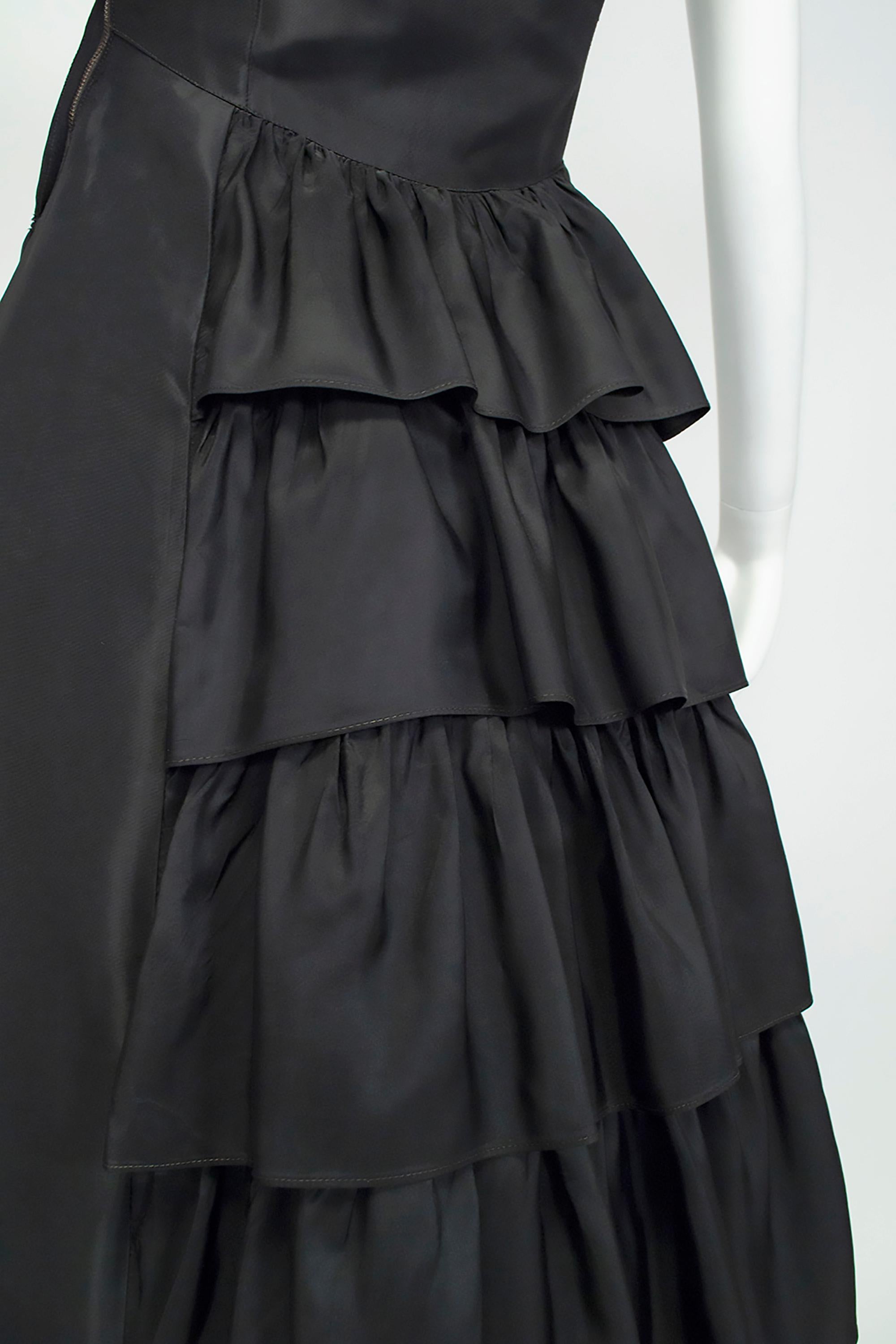 Adrian-Inspired Black Hollywood Regency Gown w Tiered Ruffle Skirt – XS, 1930s For Sale 3