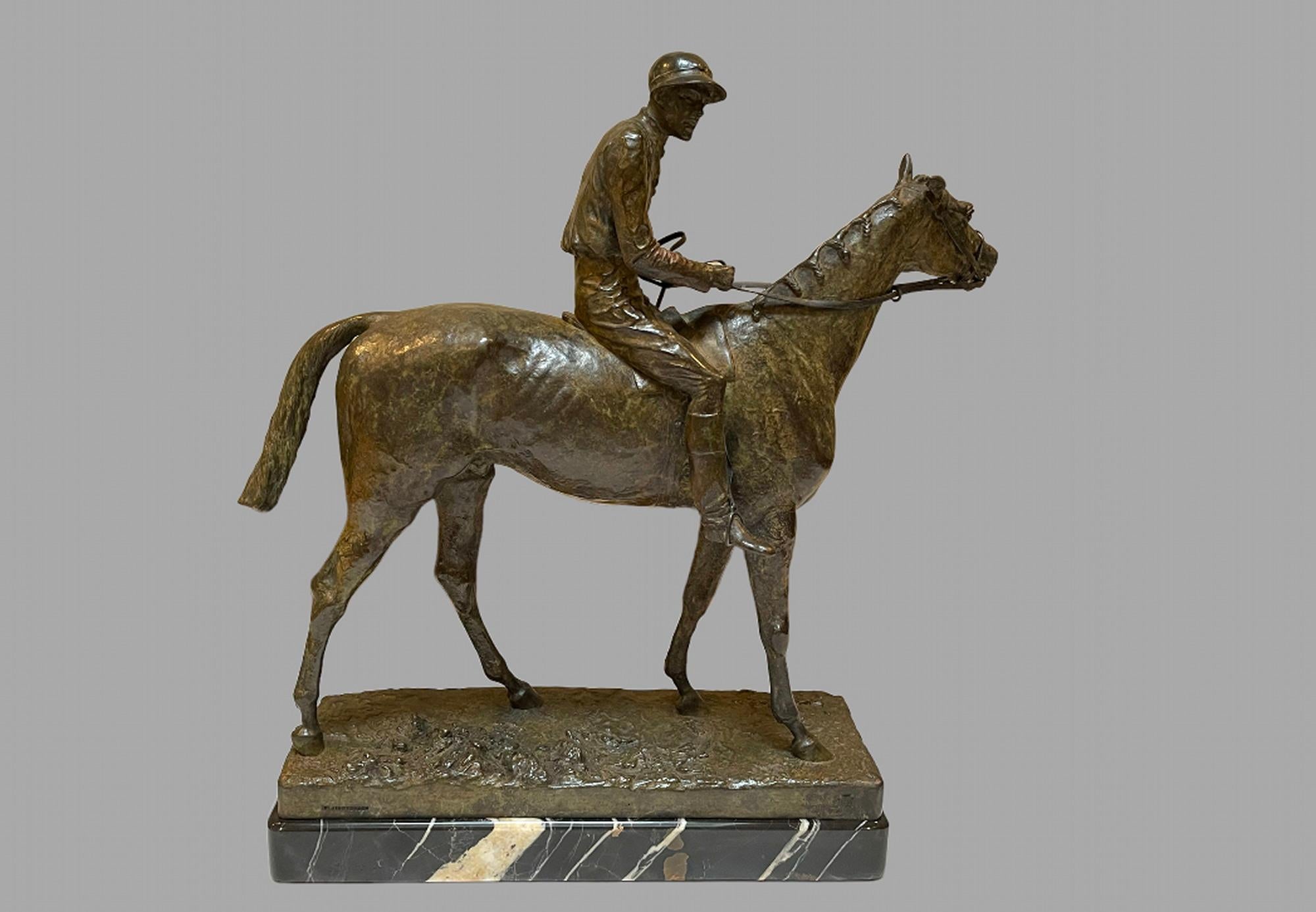 Adrian Jones (1845-1938) A patinated bronze figure of Fred Archer on Ormonde. Mounted on a Portoro Nero marble base. Incised marks on the base - Elkington & co for the foundry and AJA (monogram for Adrian Jones)

Adrian Jones was a British