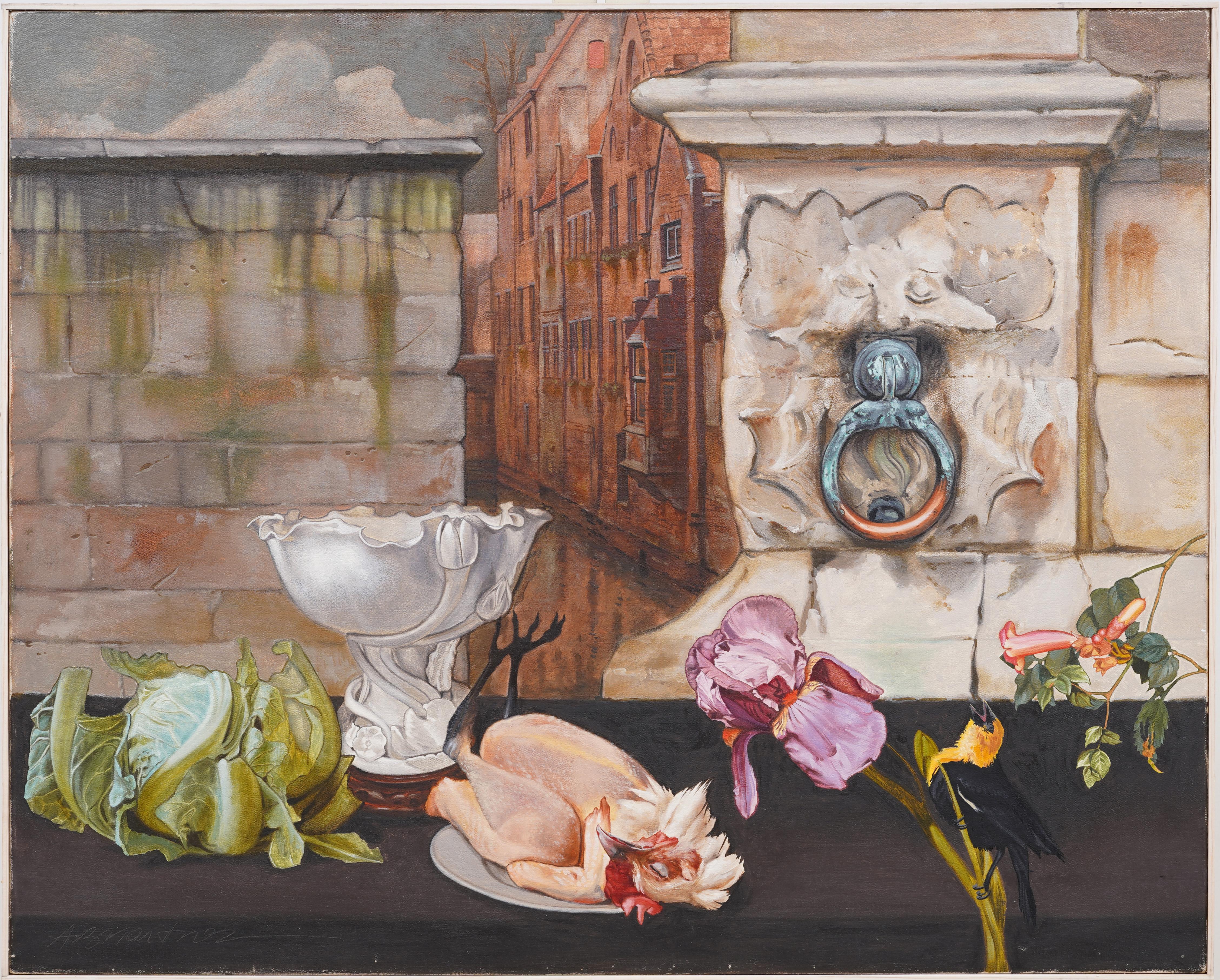Superbe nature morte moderniste américaine peinte à l'huile par Adrian Martinez (né en 1949) .  Huile sur toile.  Exposé.  