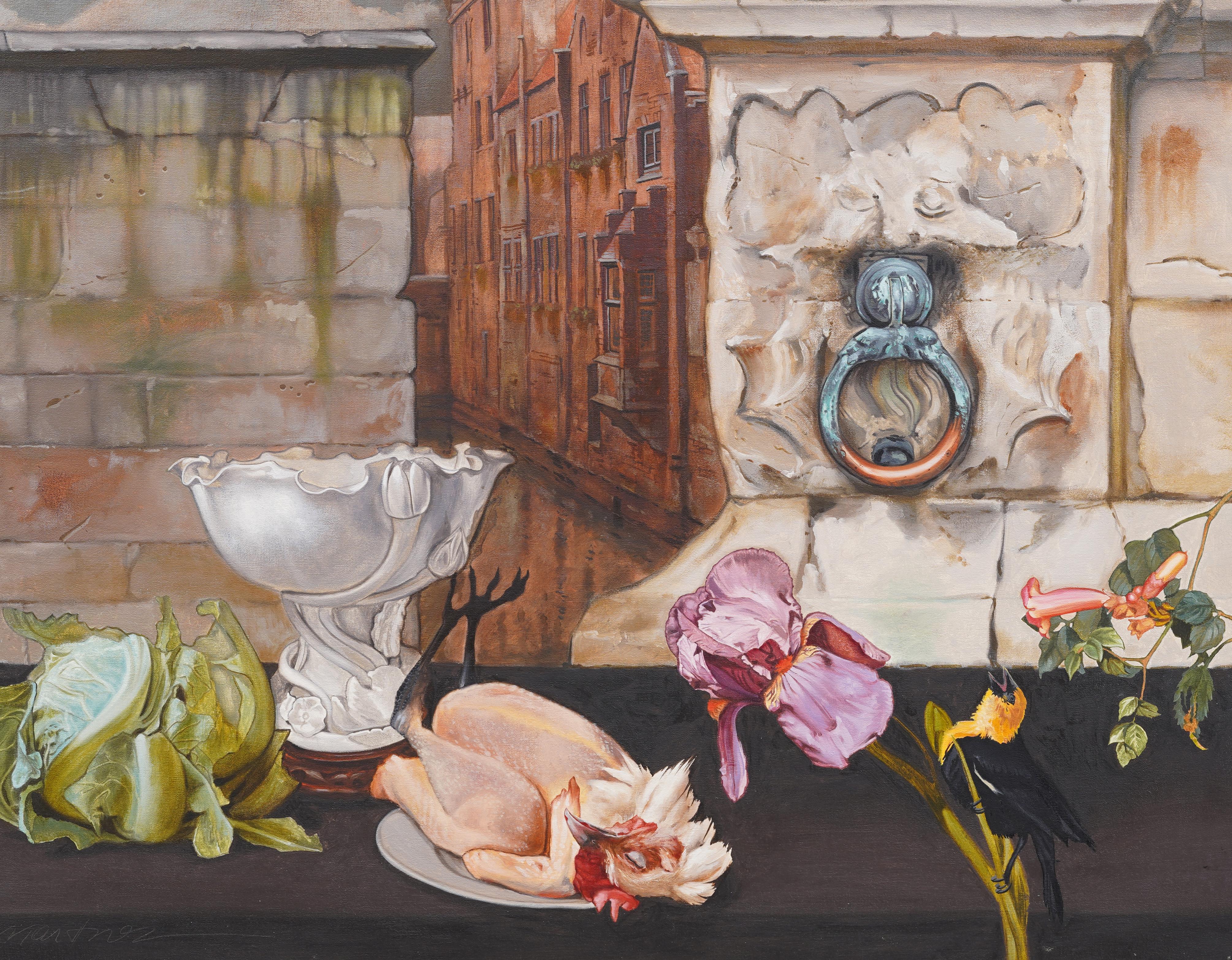 Amazing American modernist still life oil painting by Adrian Martinez (Born 1949) .  Oil on canvas.  Exhibited.  