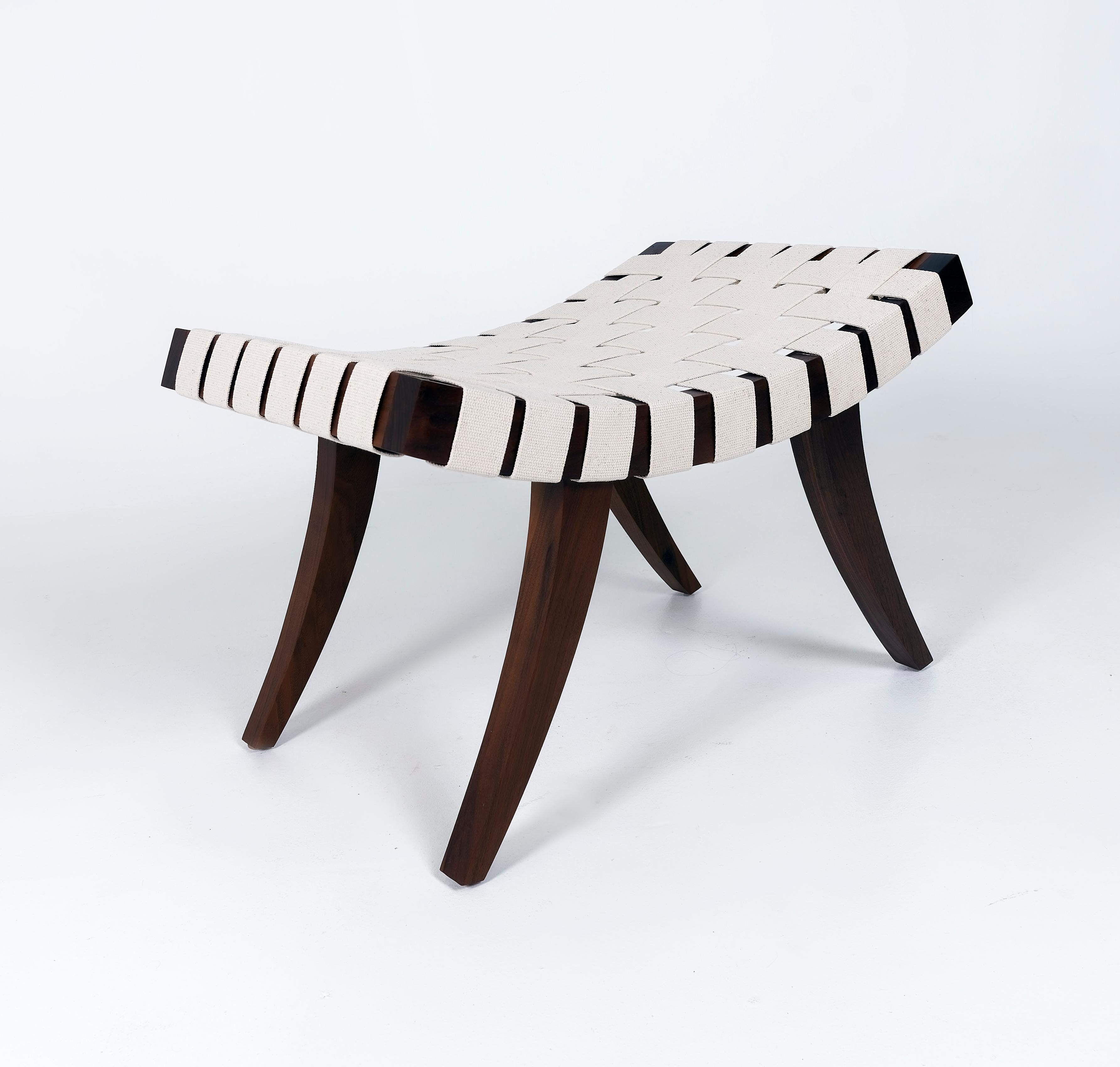 Adrian Ottoman designed by Dosbananos and made in Miami. Solid Walnut and Ivory Cotton Webbing.
