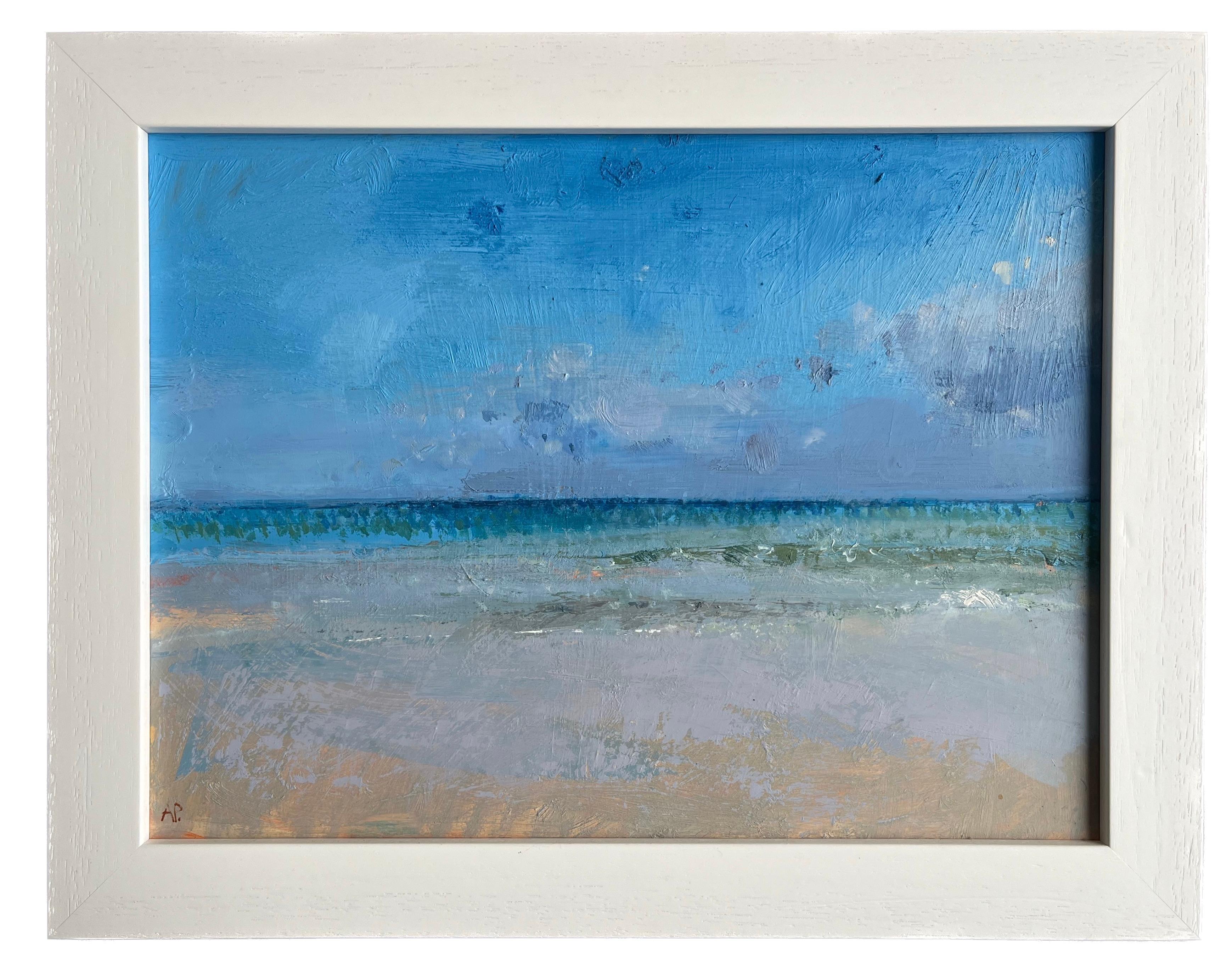 A really striking image of birds in flight at the edge of the sea, capturing the spectrum of wonderful blues in the sea and sky.

Adrian Parnell (b.1952)
Seize the day
Signed with initials
Inscribed with title and date verso
Oil on board
12 x 16