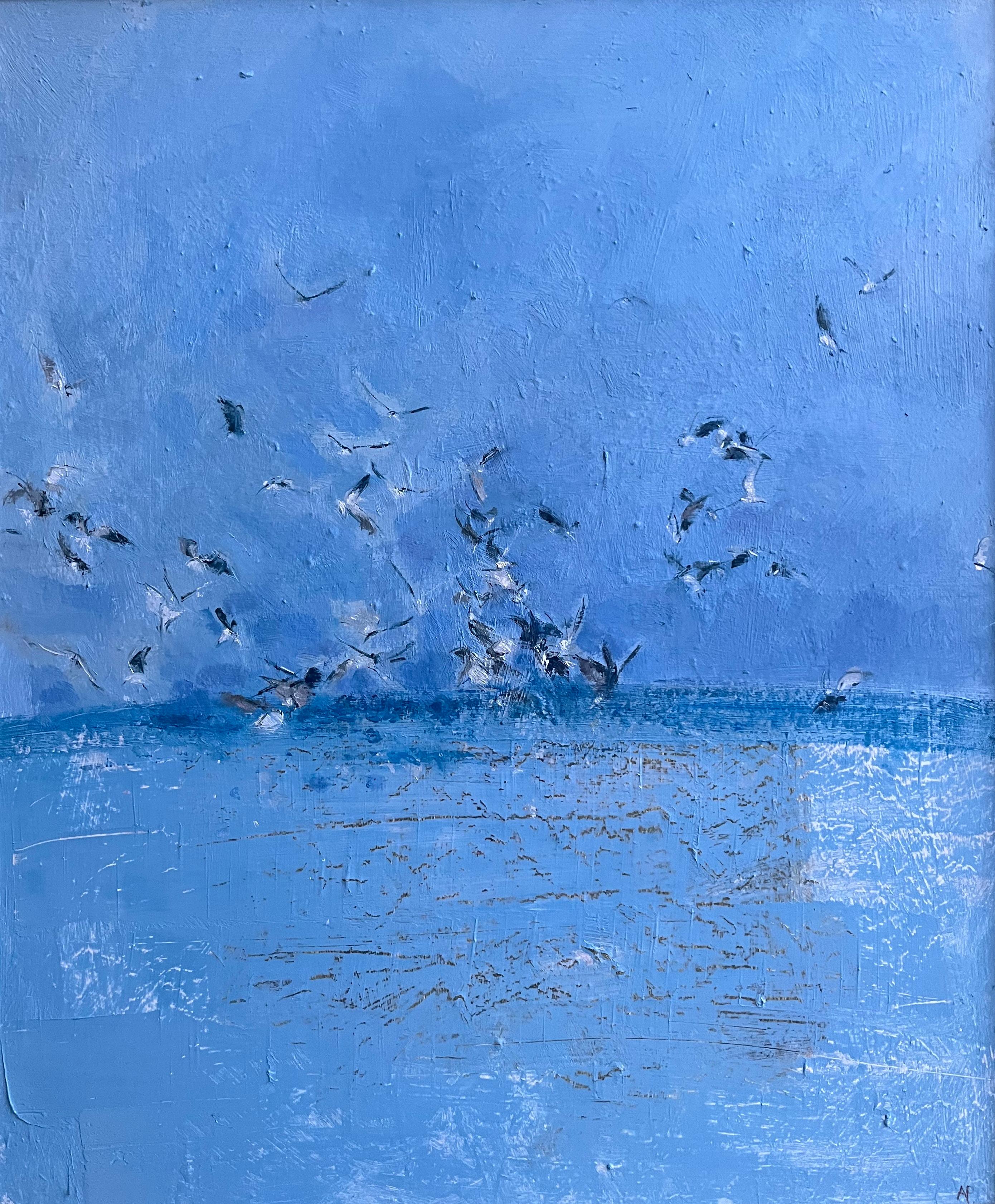 A really striking image of birds in flight at the edge of the sea, capturing the spectrum of wonderful blues in the sea and sky.

Adrian Parnell (b.1952)
Seabirds
Signed with initials
Inscribed with title and date verso
Oil on board
24 x 20 inches