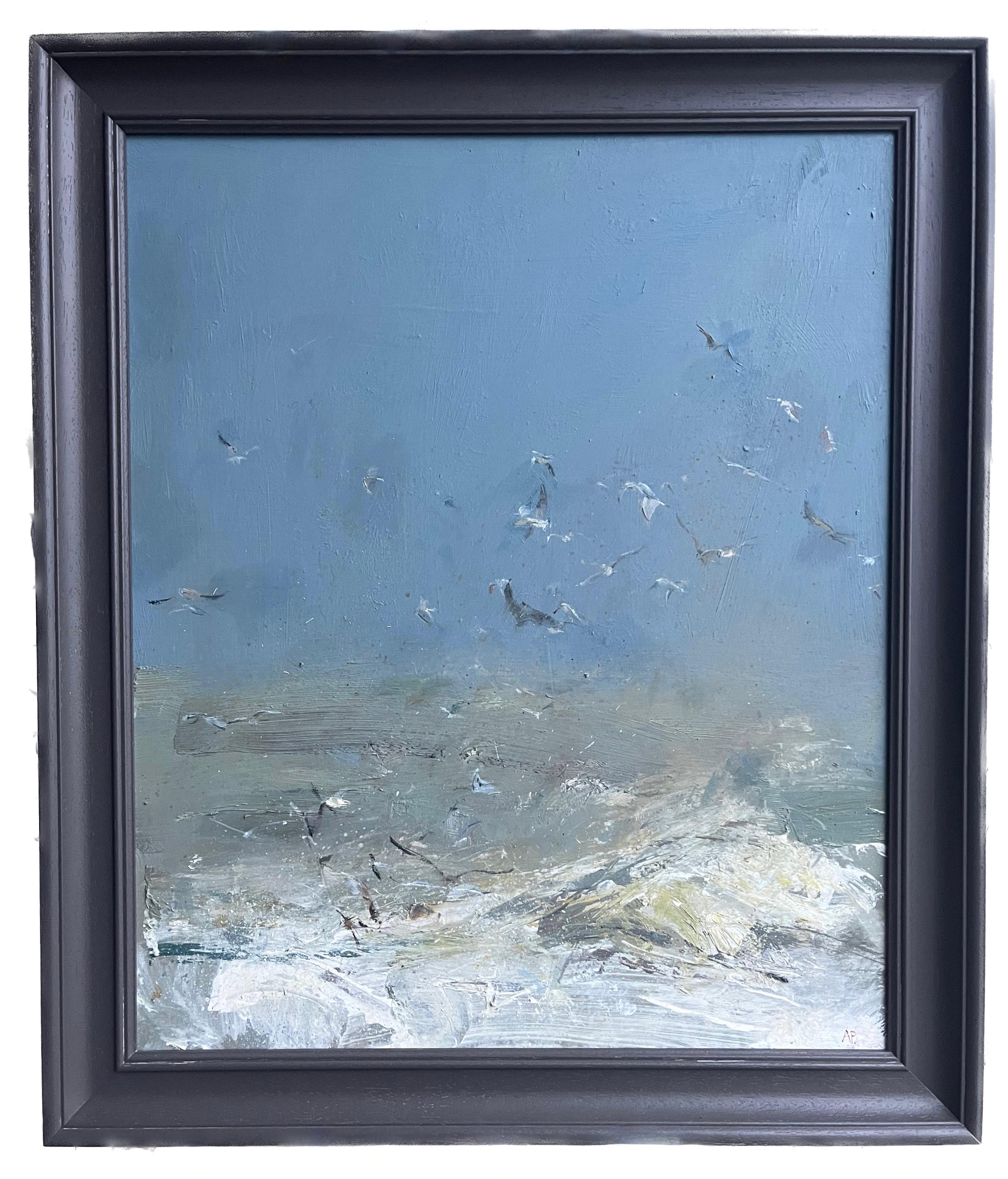 A really striking image of birds in flight over crashing waves

Adrian Parnell (b.1952)
Birdscape
Signed with initials
Inscribed with title and date verso
Oil on board
24 x 20 inches without frame
28 x 24 with frame

Adrian Parnell was born in