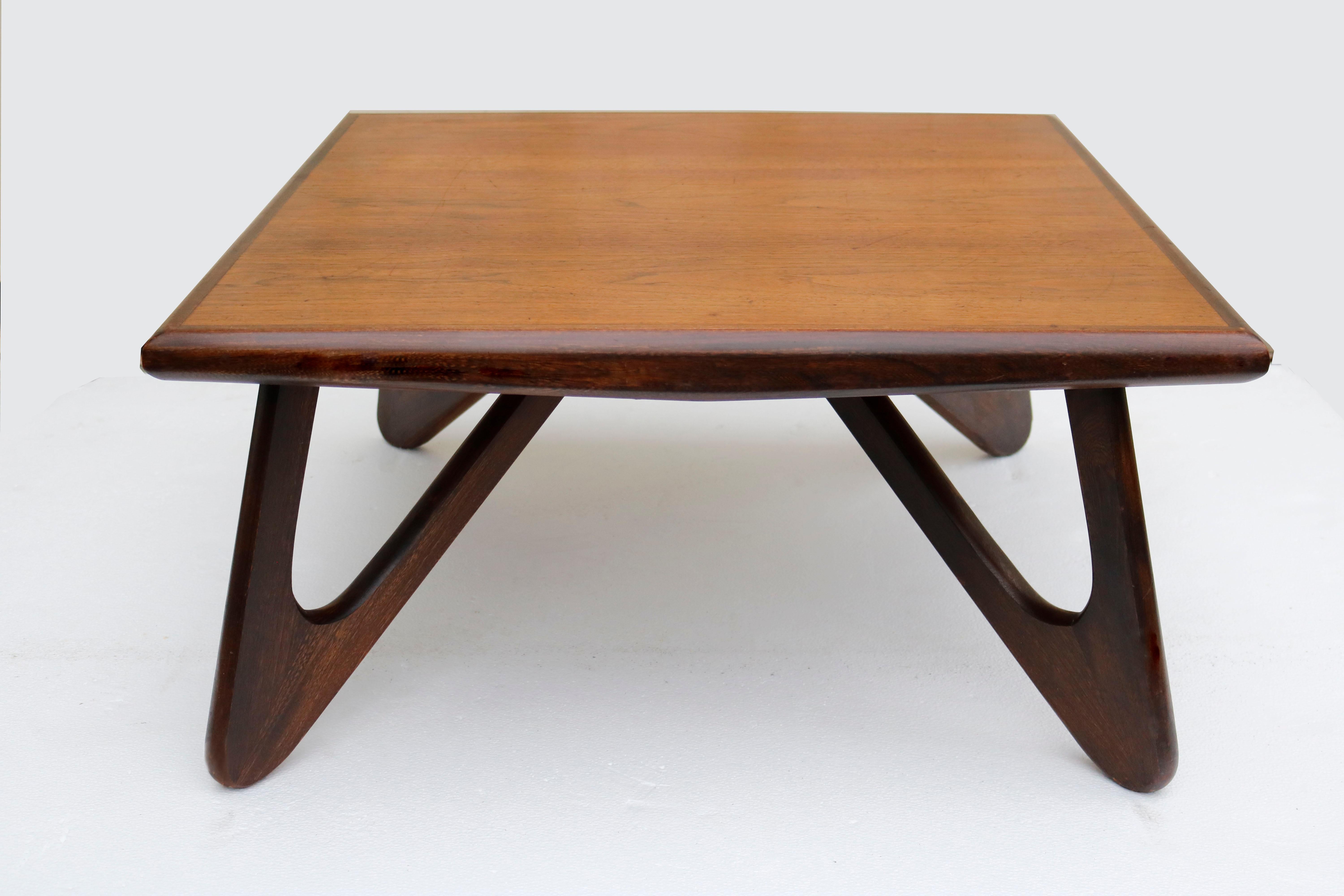 Walnut square coffee table with hairpins legs.