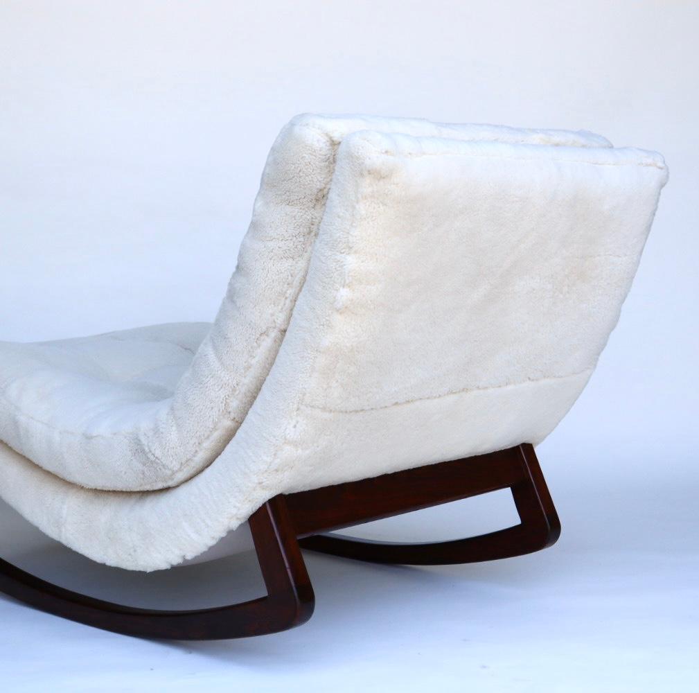 Mid-Century Modern Adrian Pearsal Waive Chaise Rocker Lounge in Ivory Shearling and Walnut