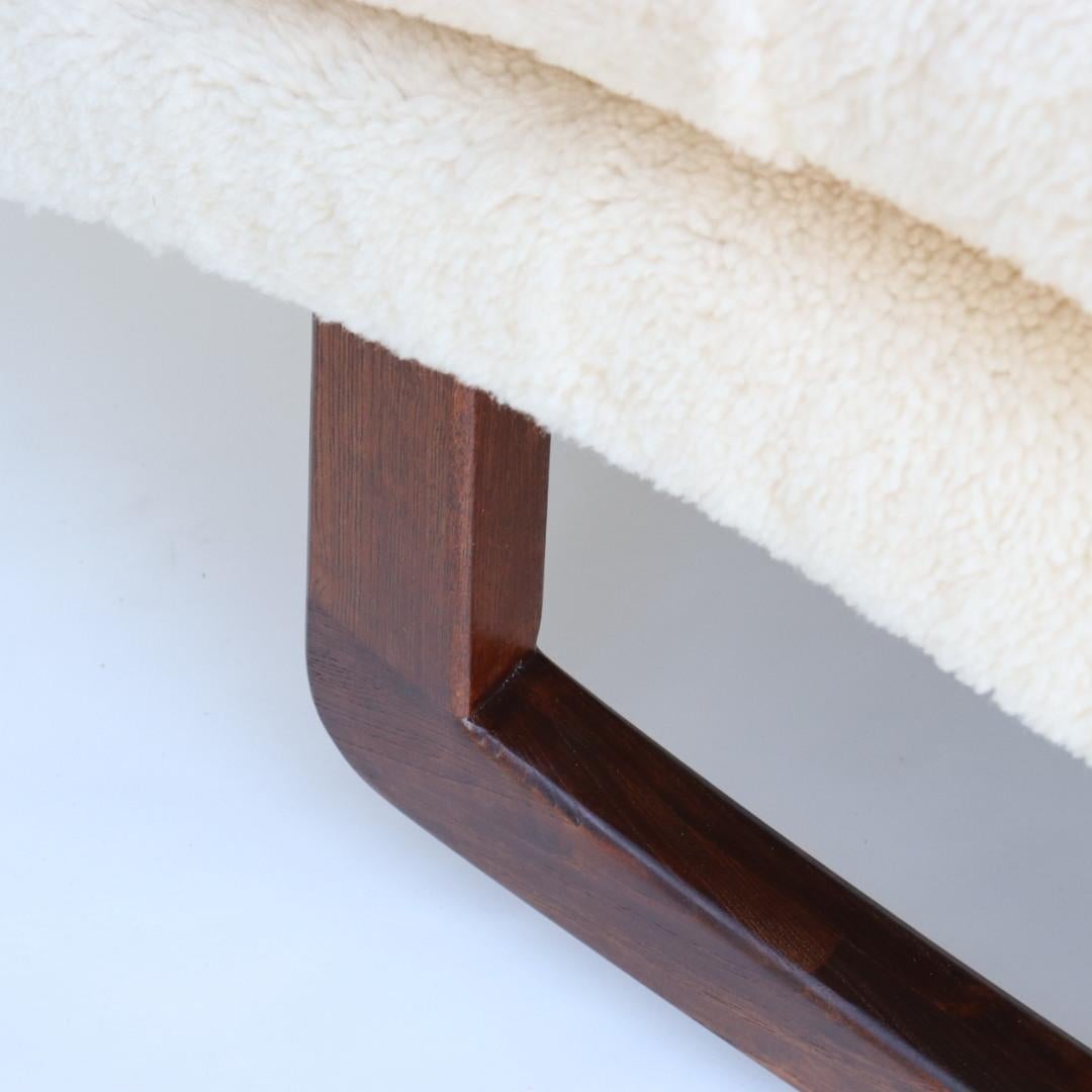 Mid-20th Century Adrian Pearsal Waive Chaise Rocker Lounge in Ivory Shearling and Walnut