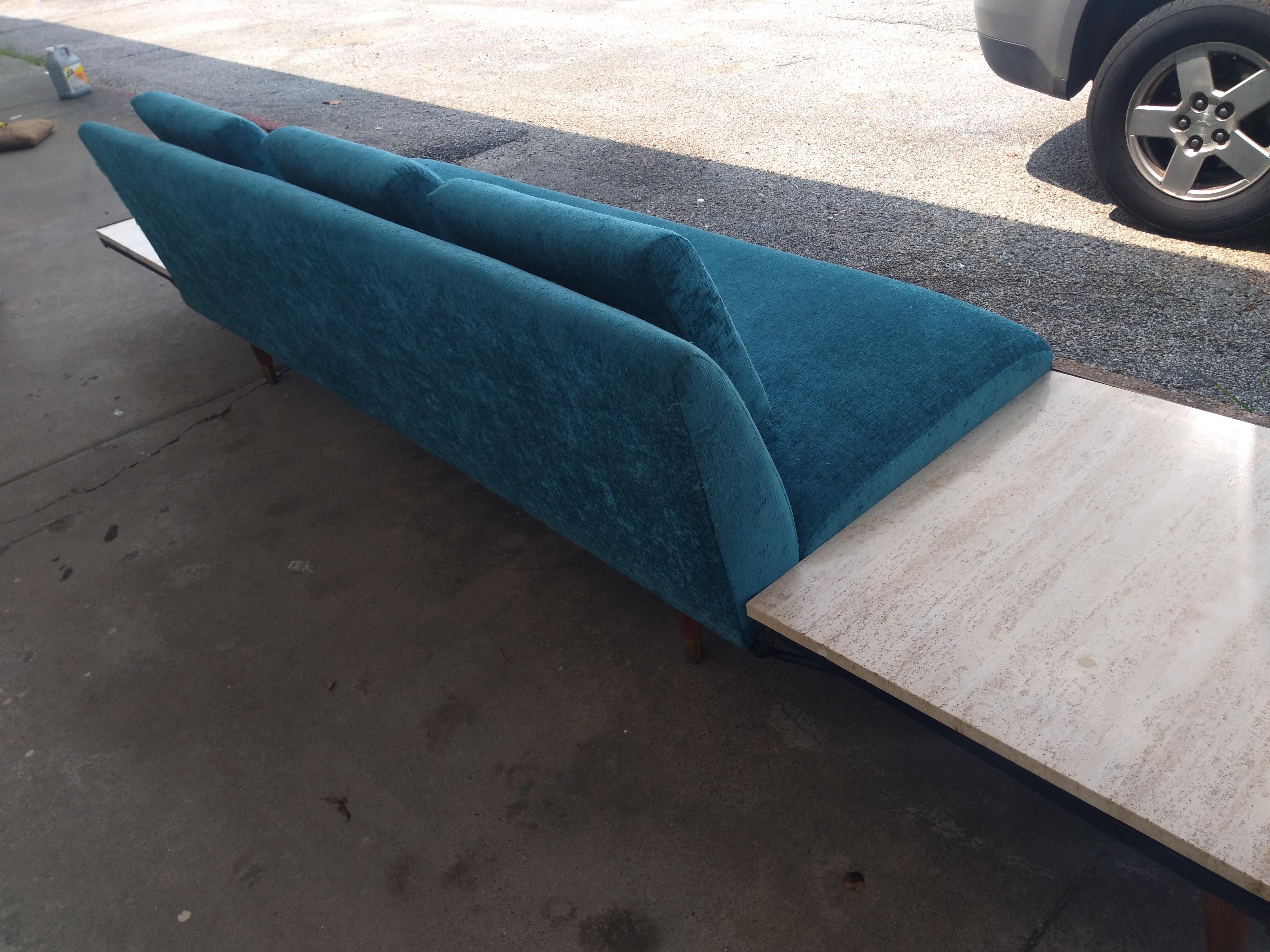 Mid-Century Modern Adrian Pearsall 10.5ft. Sofa/Daybed with built-in Travertine Tables For Sale