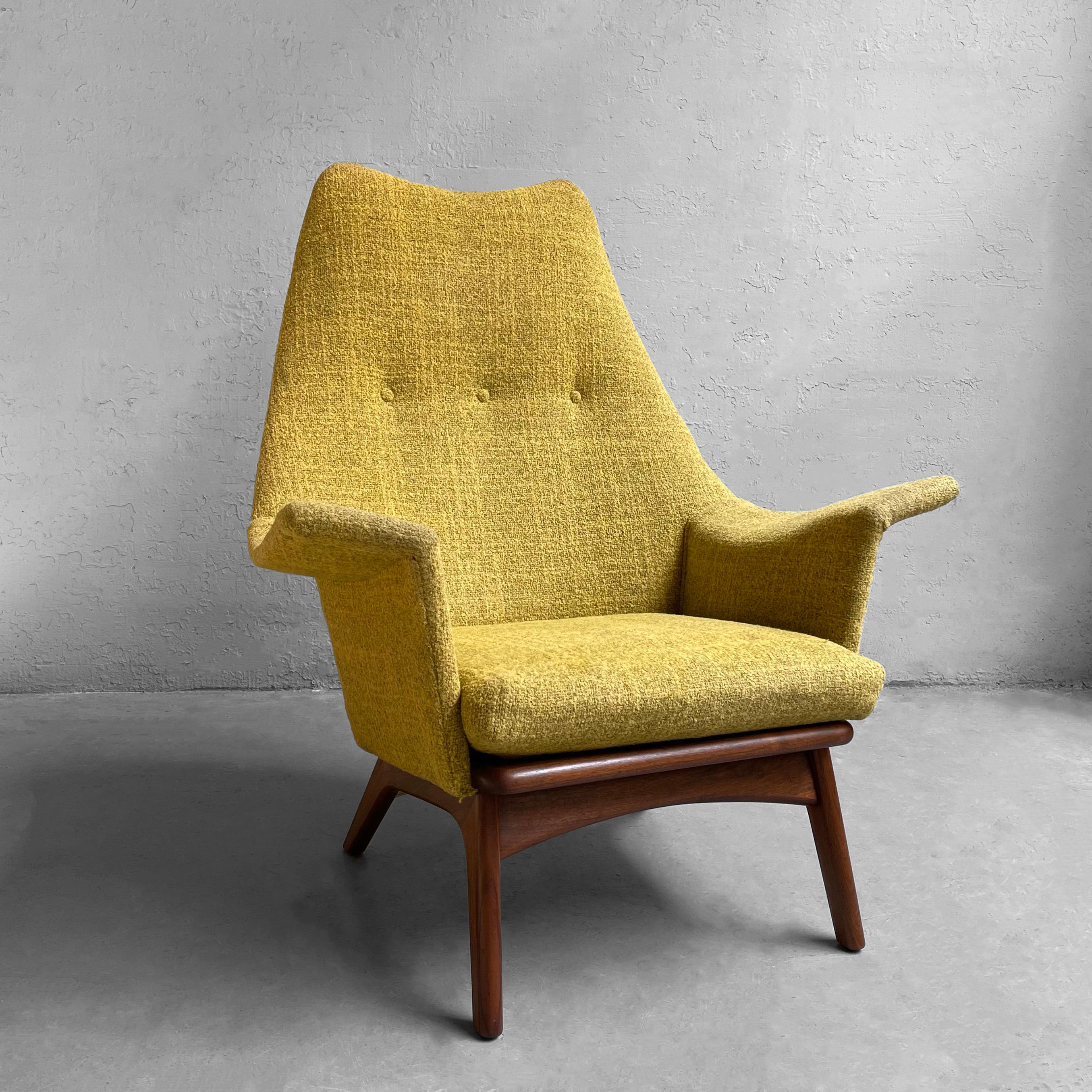 Adrian Pearsall for Craft Associates, sculptural, mid century modern take on a wingback chair is model 1611-C featuring a generous, cozy, high back, woven wool blend upholstered body with walnut base.