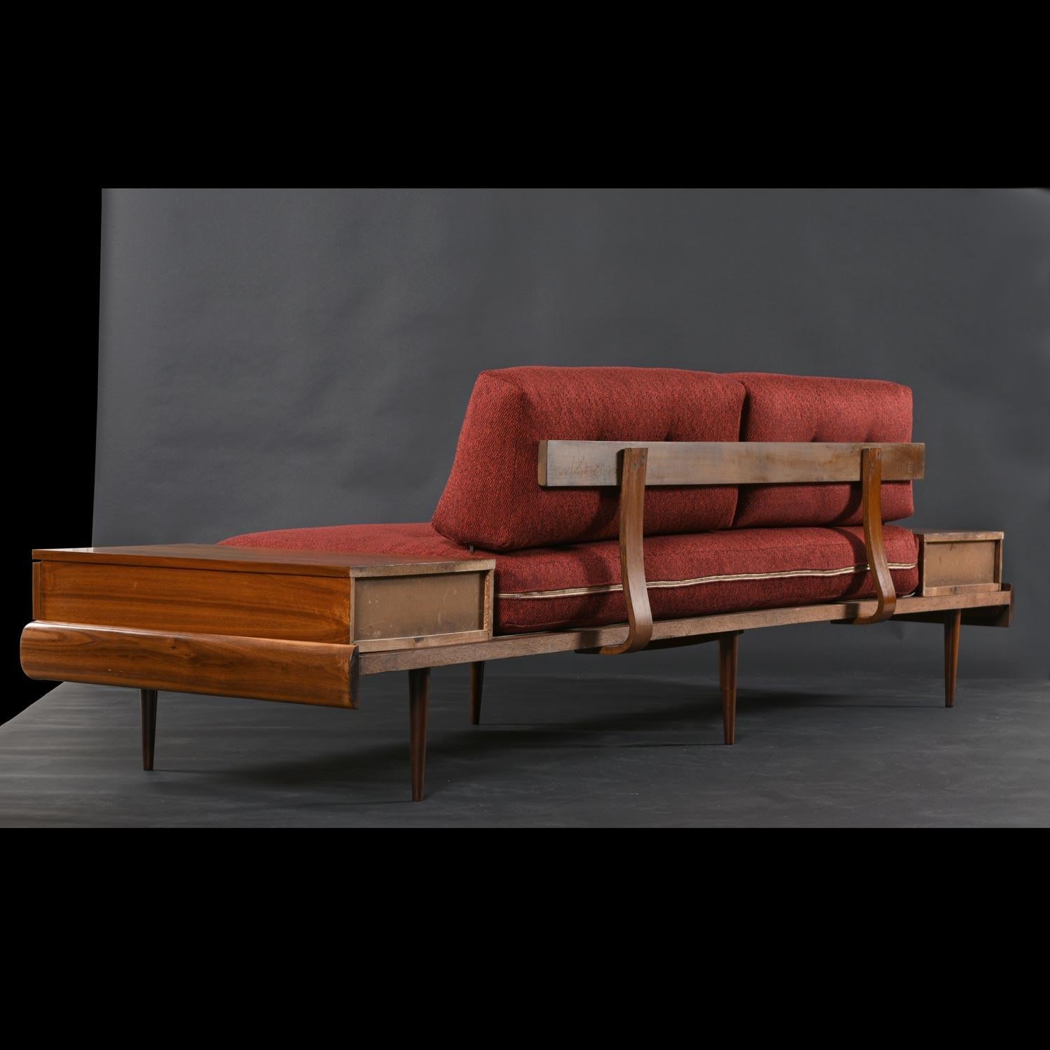 Mid-Century Modern Adrian Pearsall 1709-S Style Platform Sofa with Floating Walnut End Tables For Sale