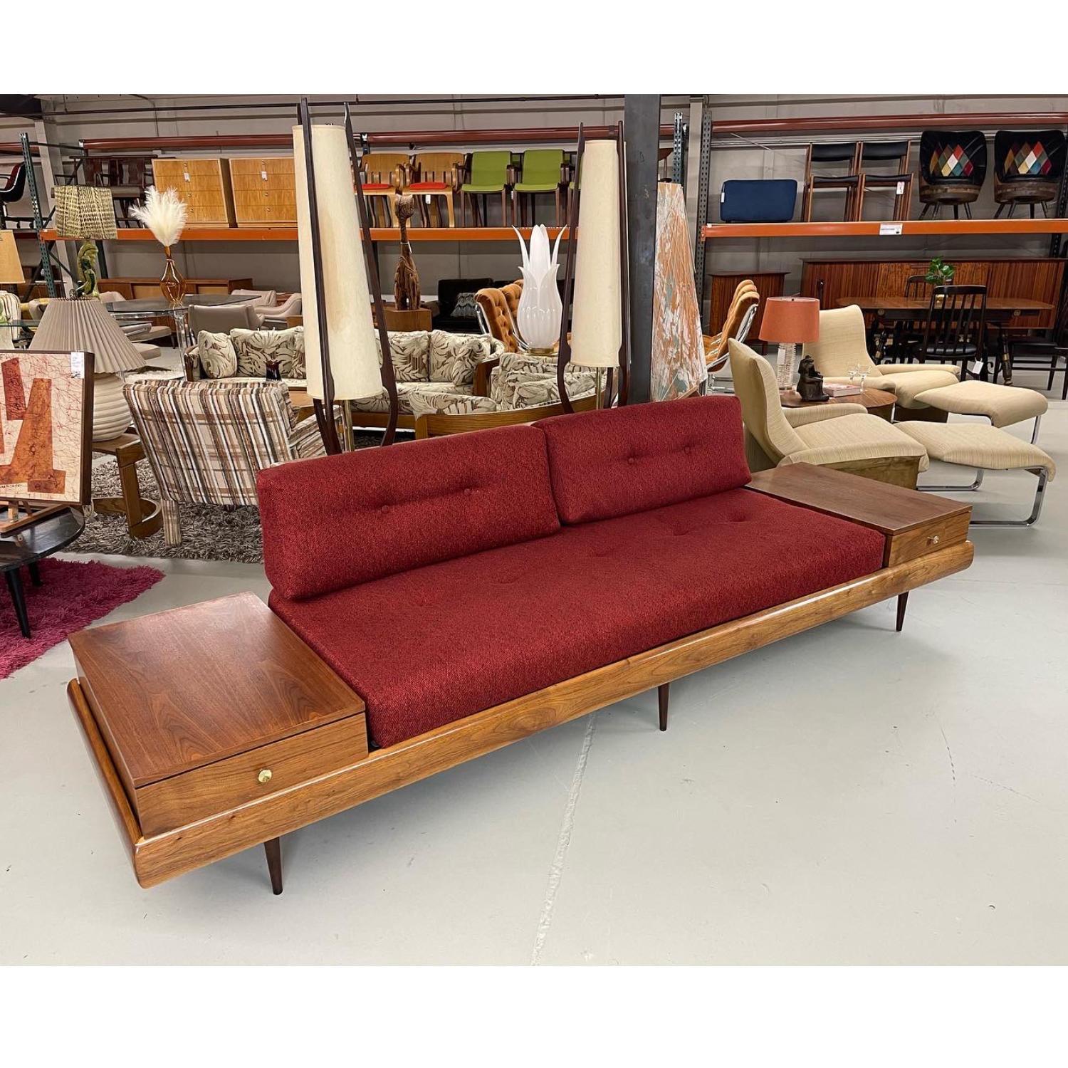 American Adrian Pearsall 1709-S Style Platform Sofa with Floating Walnut End Tables For Sale