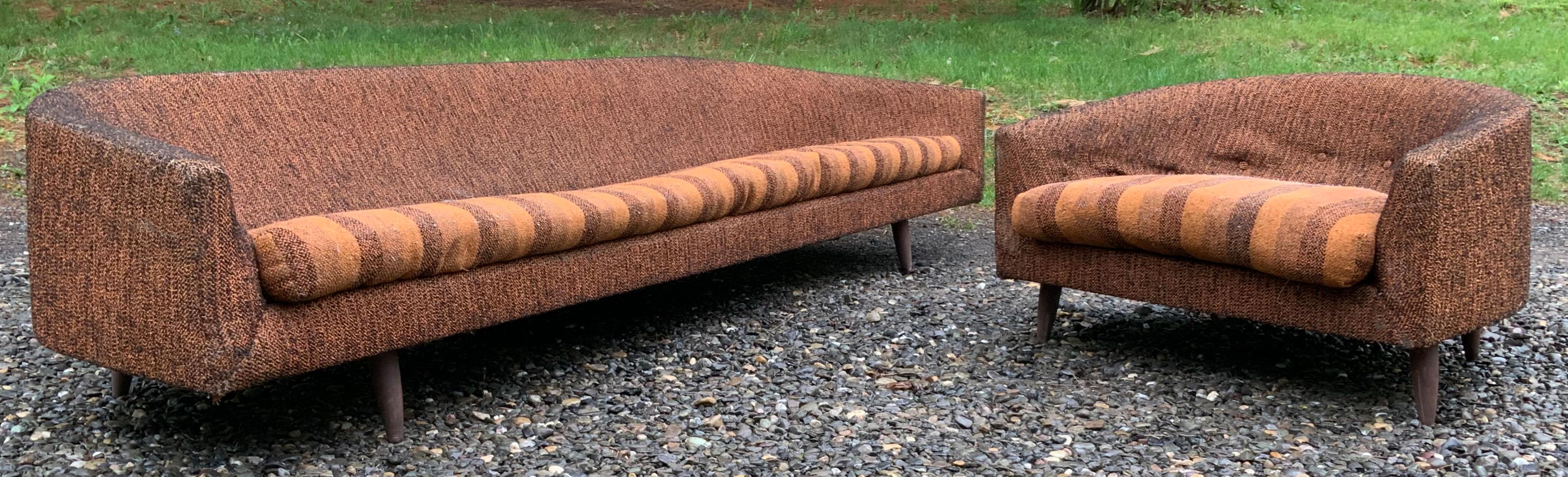 A rare, impressive and very comfortable low profile Cloud Sofa and matching Lounge Chair designed by the iconic American architect and furniture designer Adrian Pearsall for Craft Associates, circa 1950s. 
Extremely comfortable and elegantly