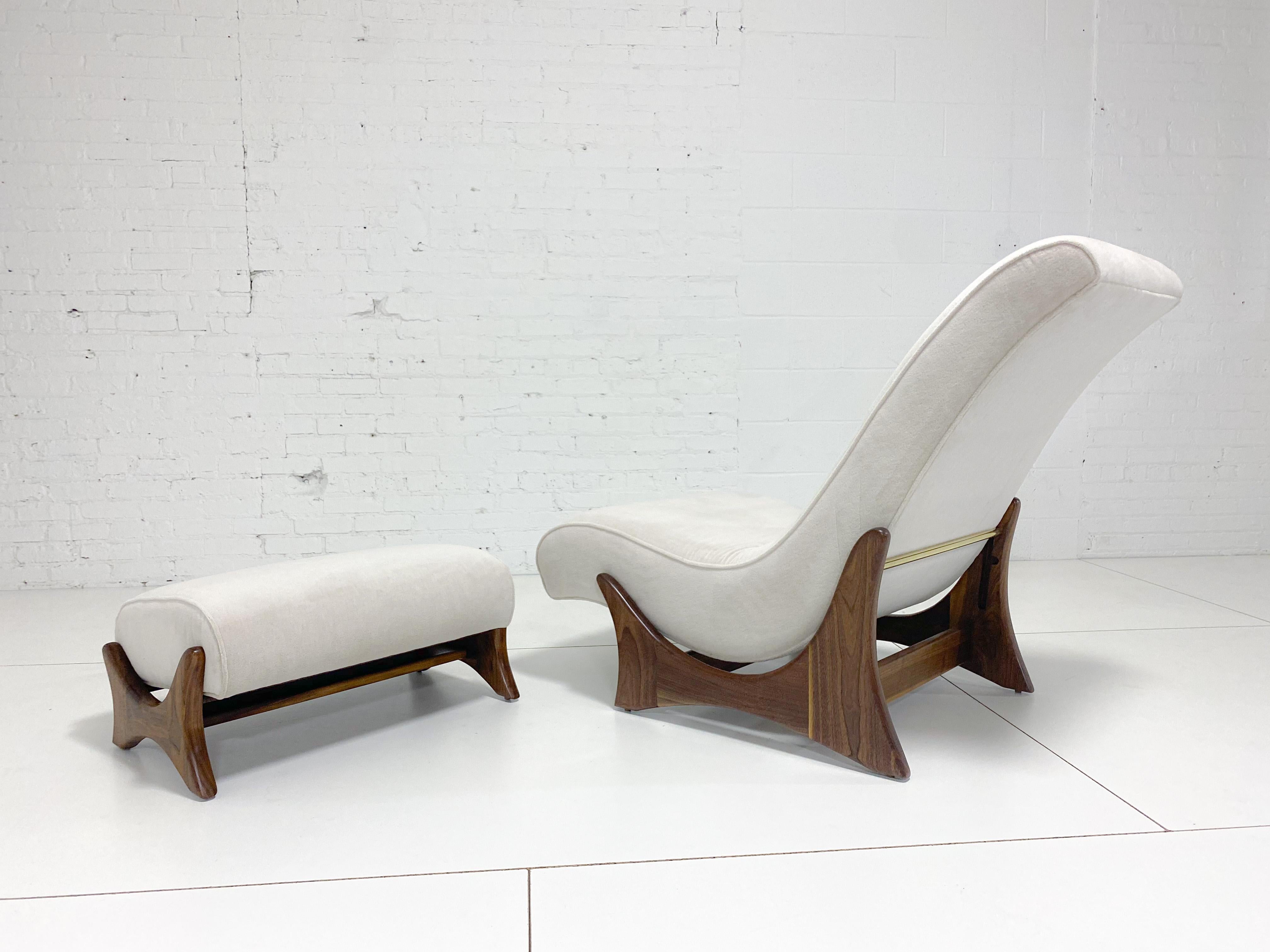 Adrian Pearsall adjustable lounge chair with ottoman. Fully restored. Refinished walnut frames with new Italian silk/cashmere velvet upholstery.