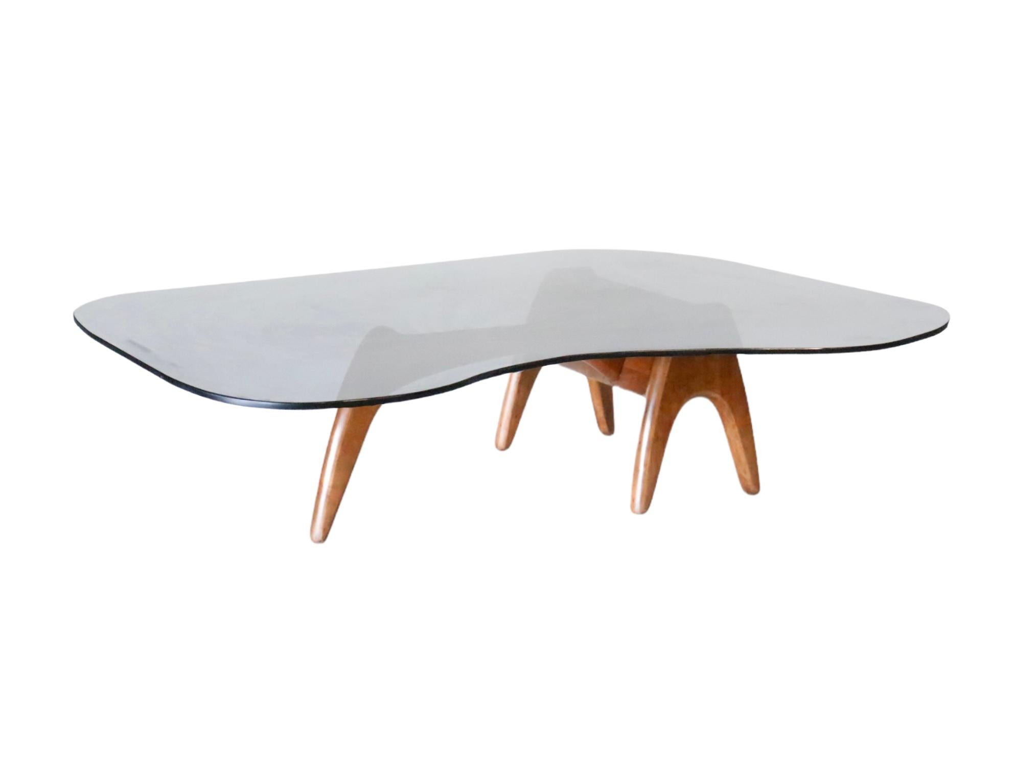 American Adrian Pearsall Amoeba Shaped Wood & Smoked Glass Coffee Table For Sale