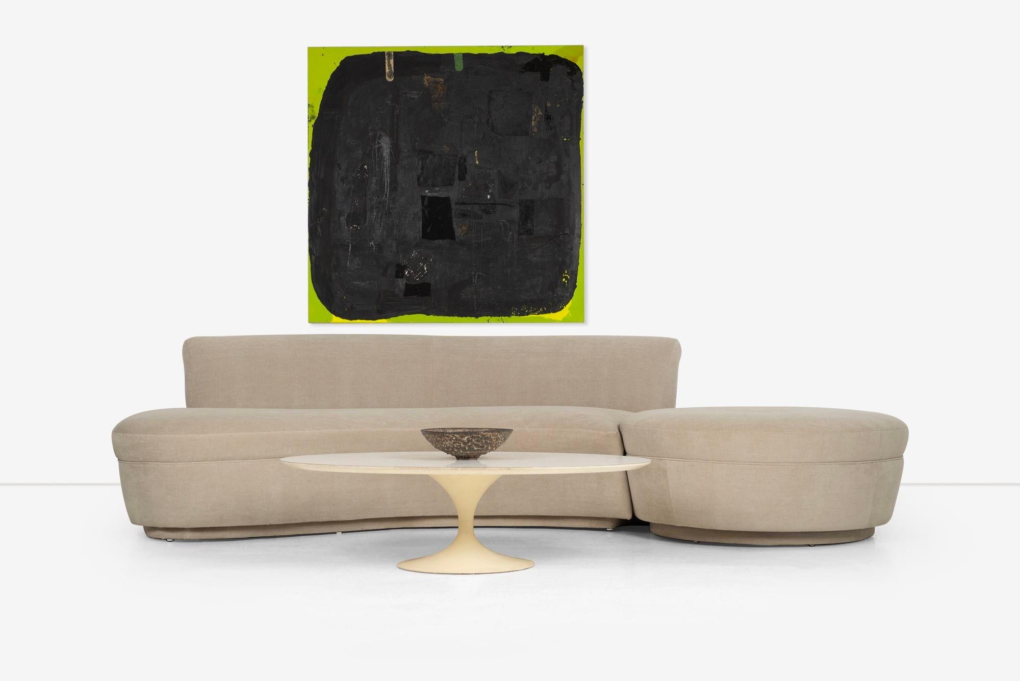 Adrian Pearsall and/or Kagan Style Sofa Sectional with Removable Pouf and upholstered plinth base with ledge back.
The Pouf on it's own is 48