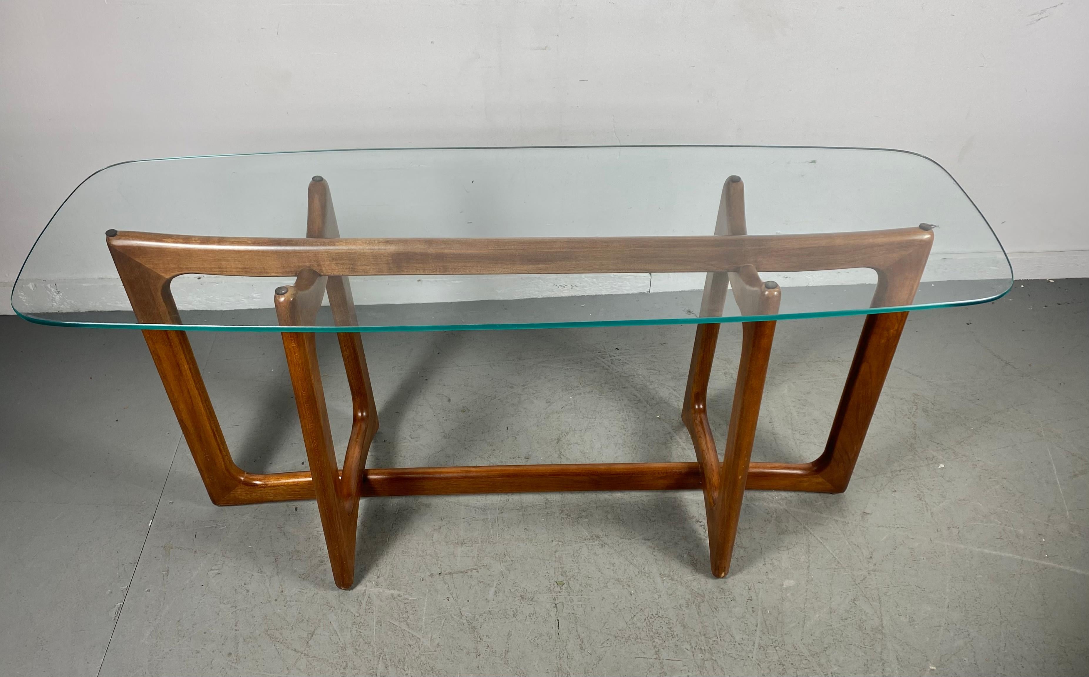 Seldom Seen sculptural walnut and glass console table designed by Adrian Pearsall classic Mid-Century Modern design excellent original condition. Would enhance any modern, contemporary, eclectic environment, hand delivery avail to New York City or