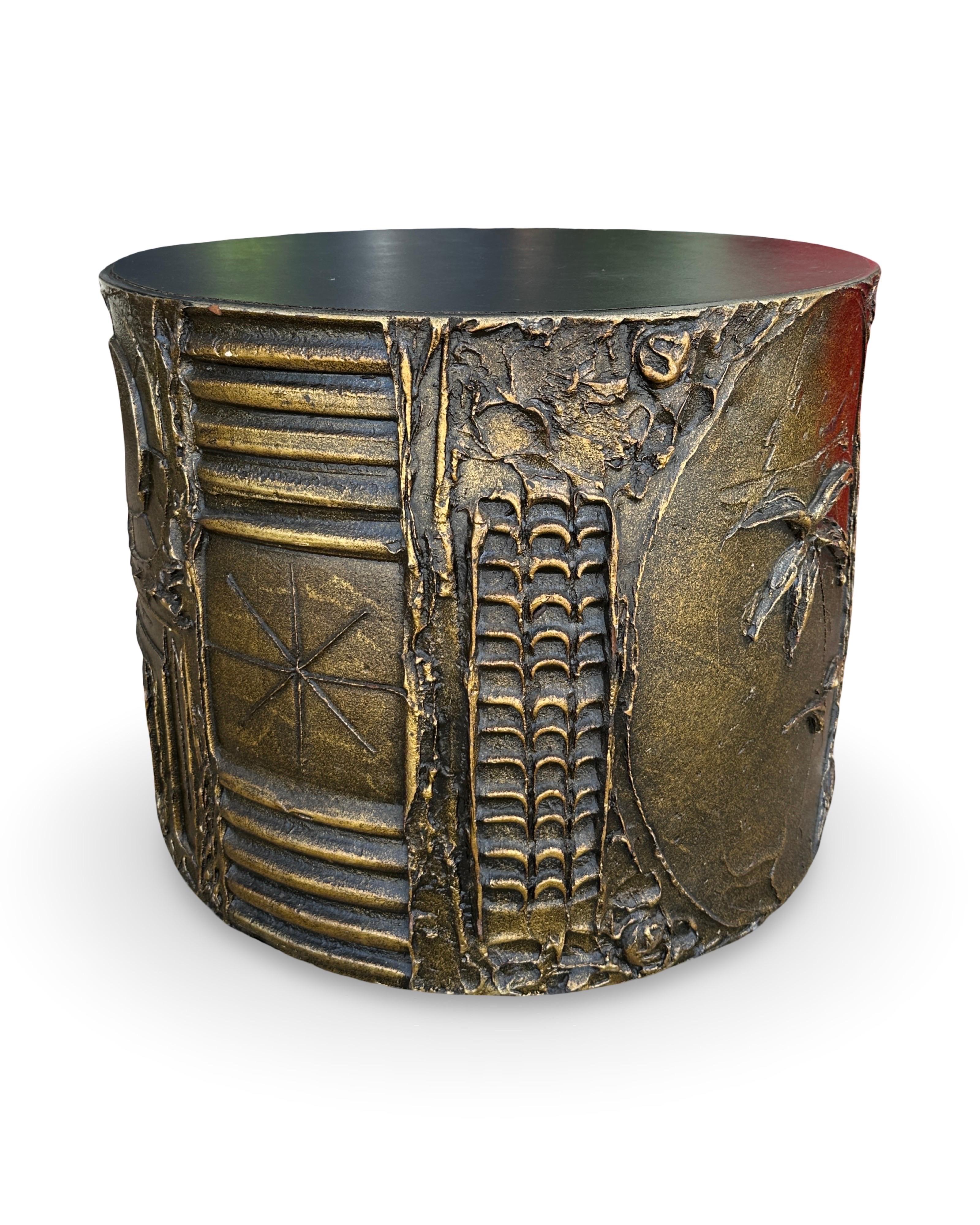 Large side table in brutalist bronzed resin relief by Adrian Pearsall. Could be used as a small coffee table. One minor chip to finish as shown. 
