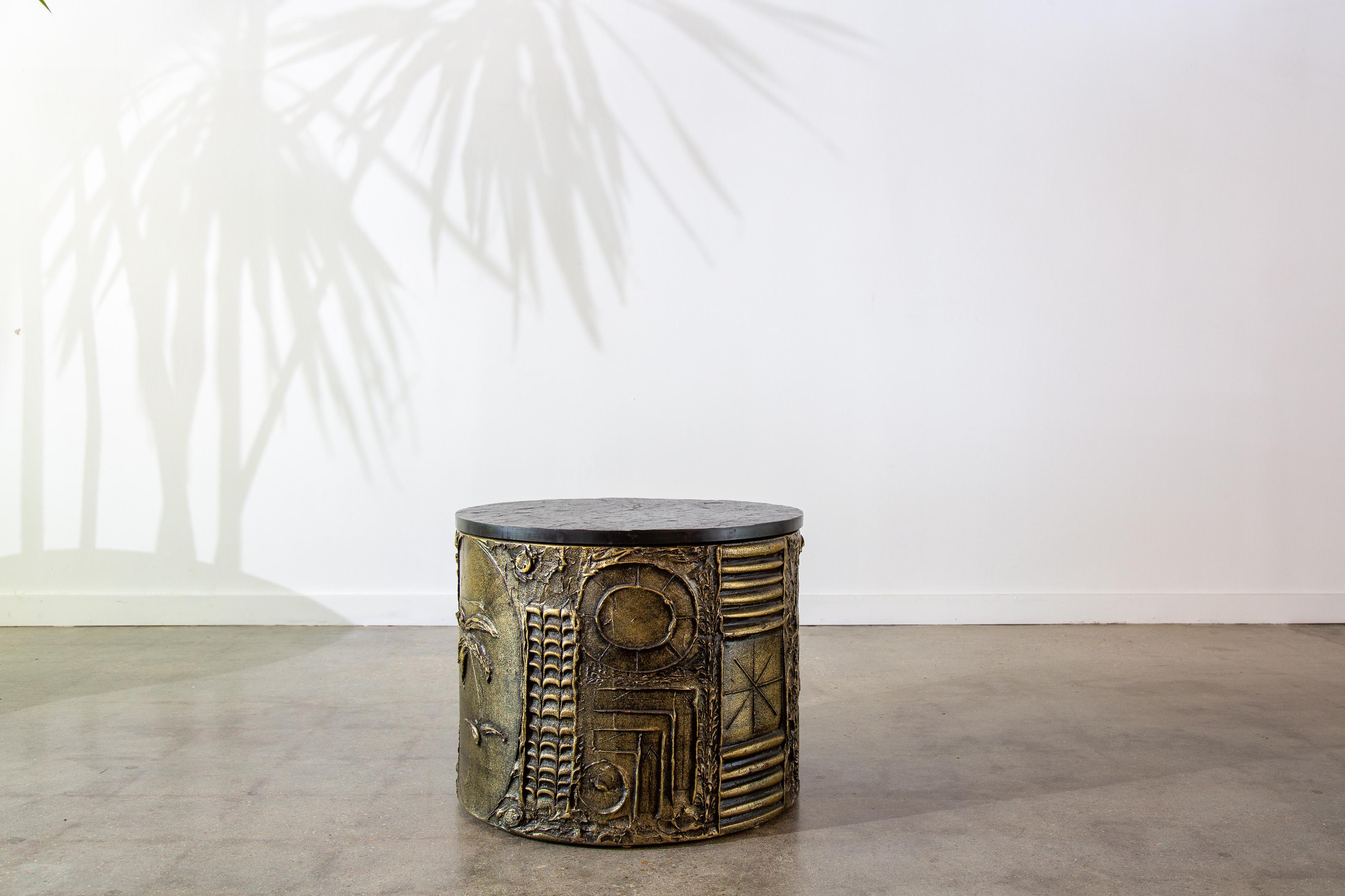Adrian Pearsall Brutalist Drum Table slate top goop Paul Evans style In Good Condition In Virginia Beach, VA