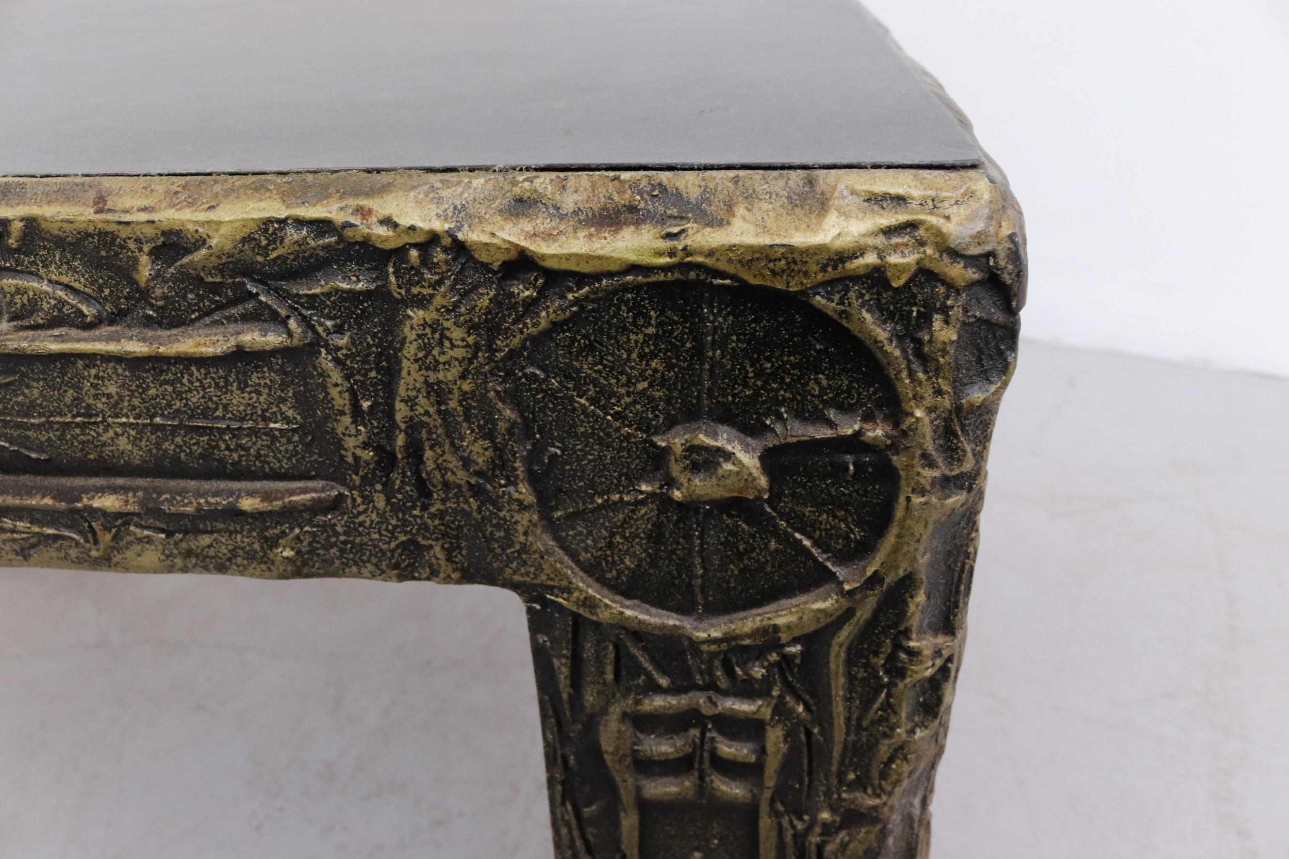 Adrian Pearsall Brutalist Side Table w/ Black Top & Cast Resin Decorative Relief For Sale 10