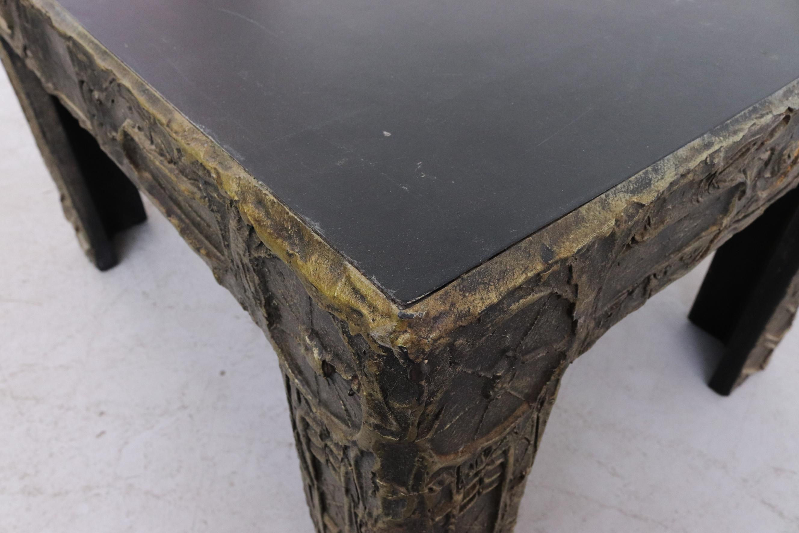 Adrian Pearsall Brutalist Side Table w/ Black Top & Cast Resin Decorative Relief For Sale 12