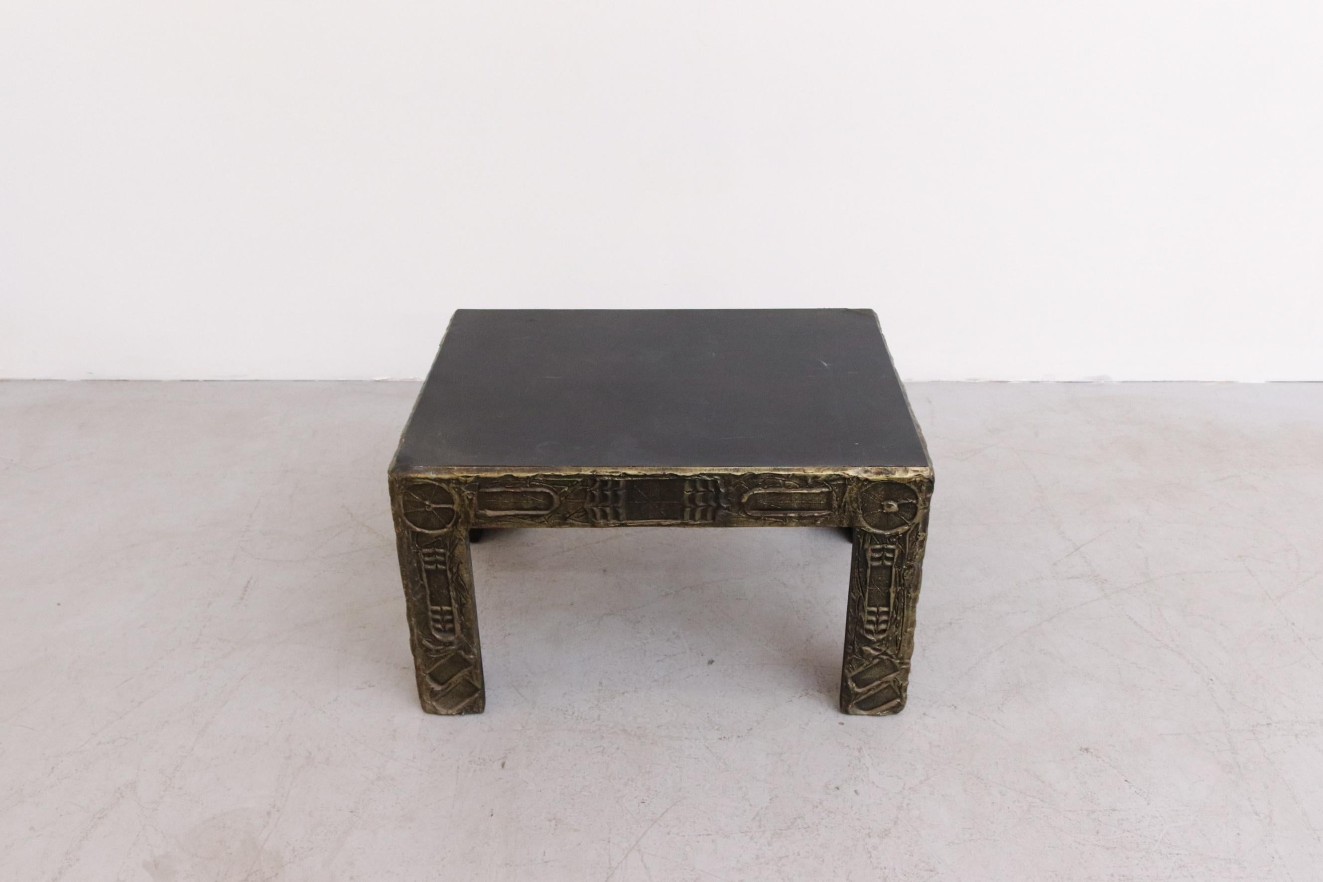 Mid-Century Modern Adrian Pearsall Brutalist Side Table w/ Black Top & Cast Resin Decorative Relief For Sale