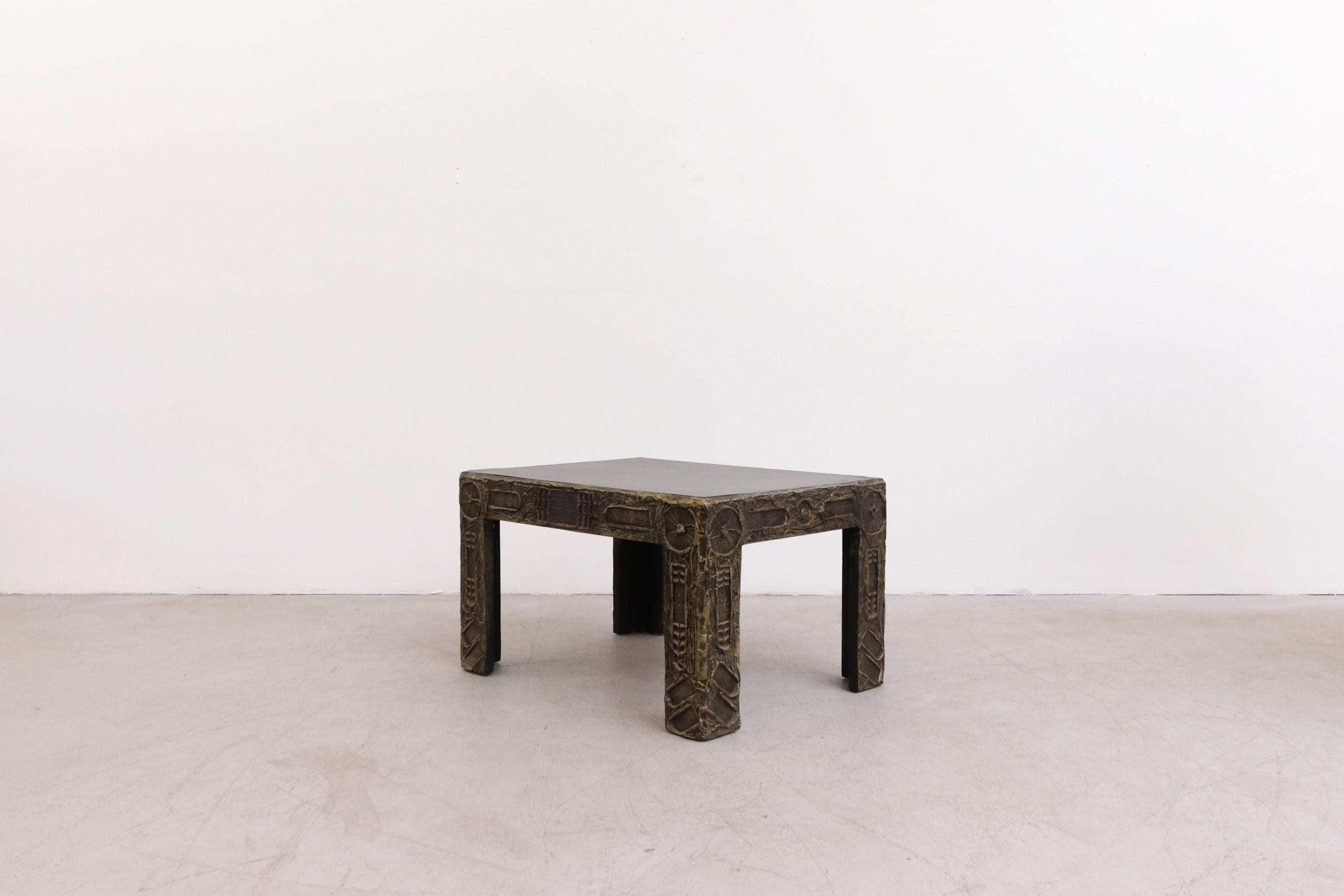 Dutch Adrian Pearsall Brutalist Side Table w/ Black Top & Cast Resin Decorative Relief For Sale