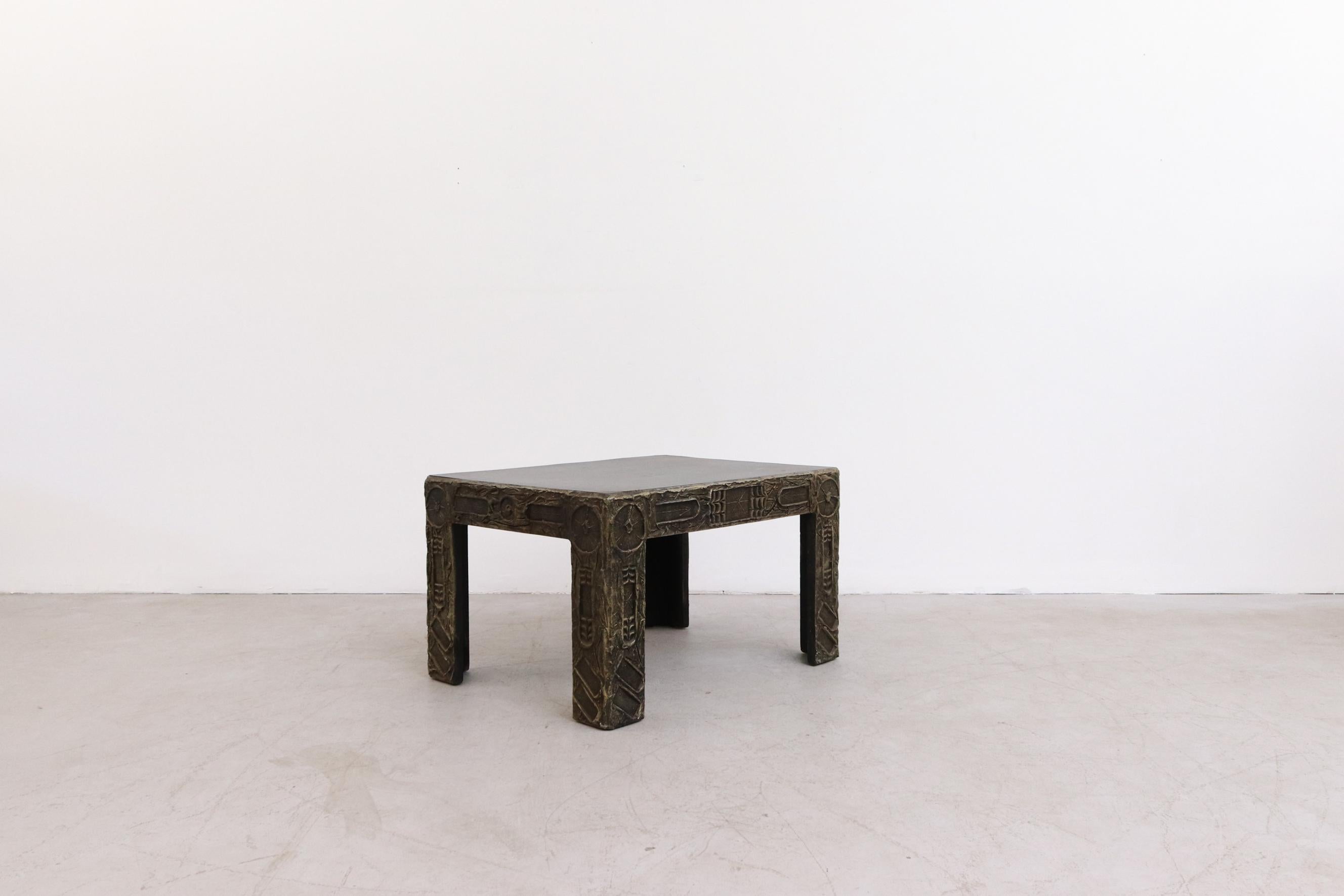 Mid-20th Century Adrian Pearsall Brutalist Side Table w/ Black Top & Cast Resin Decorative Relief For Sale