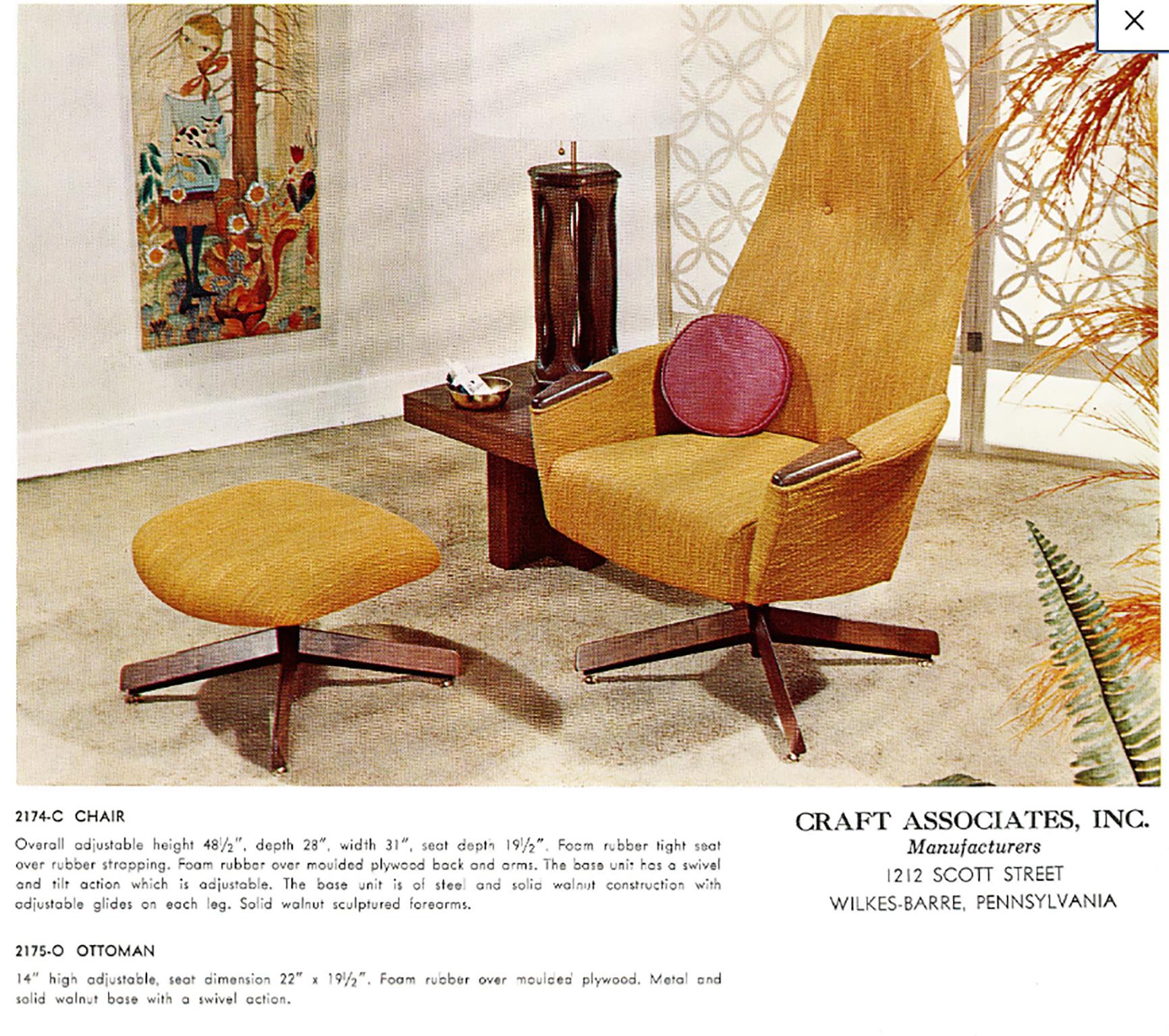 An uncommon full dynamic adjustable range chair. 20 images provided.
Adrian Pearsall 2174c (Chair) and 2175o (ottoman), circa 1965. Made by Craft Associates.
Tilt Mechanism can lock to keep chair fixed or offer wide range of reclining angles.