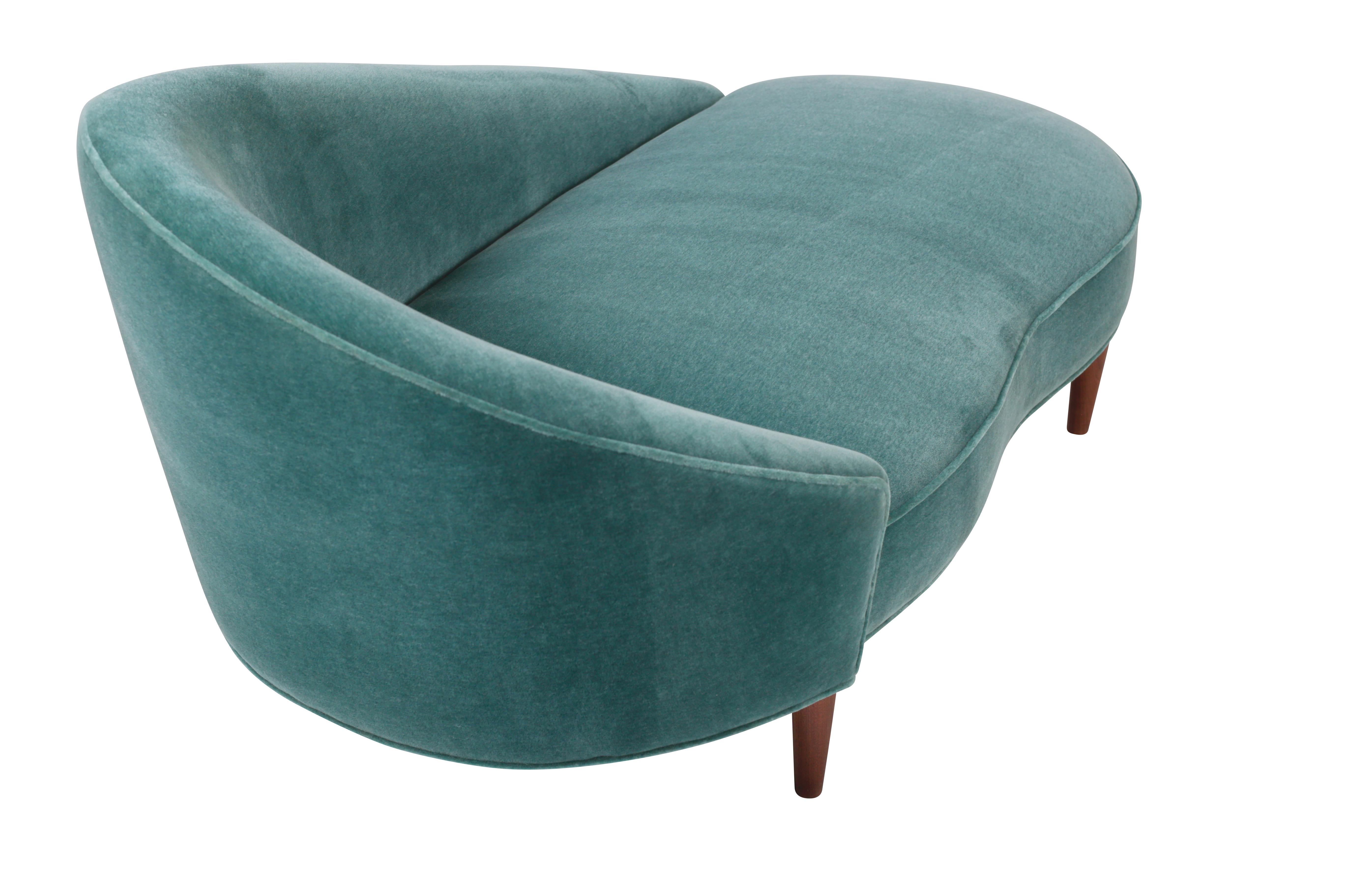 Adrian Pearsall oval chaise settee. Fully restored and reupholstered in mohair over refinished walnut legs.